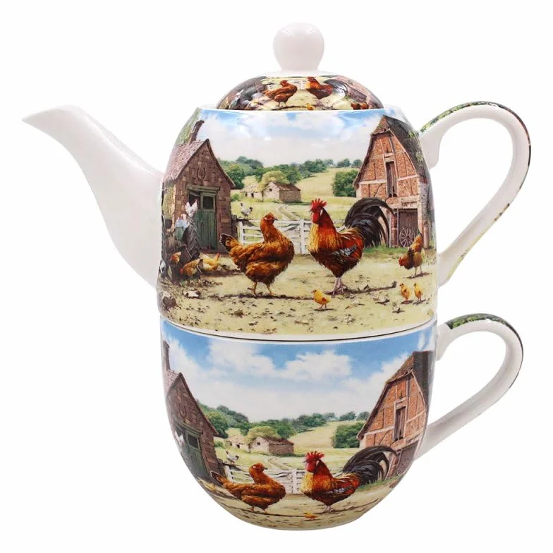 LESSER & PAVEY Tea for One - Vajilla de cerámica de porcelana fina para gallos y gallinas, diseño de granja