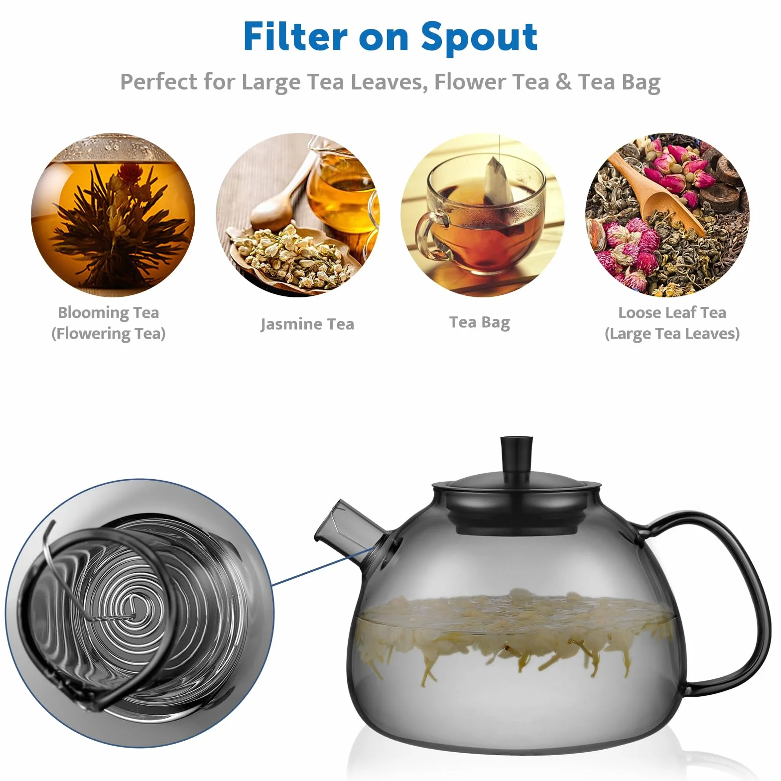 ecooe Tetera negra de 1500 ml de cristal de borosilicato con colador de acero inoxidable 18/8 extraíble resistente al calor para té negro, té verde, té de frutas, té perfumado