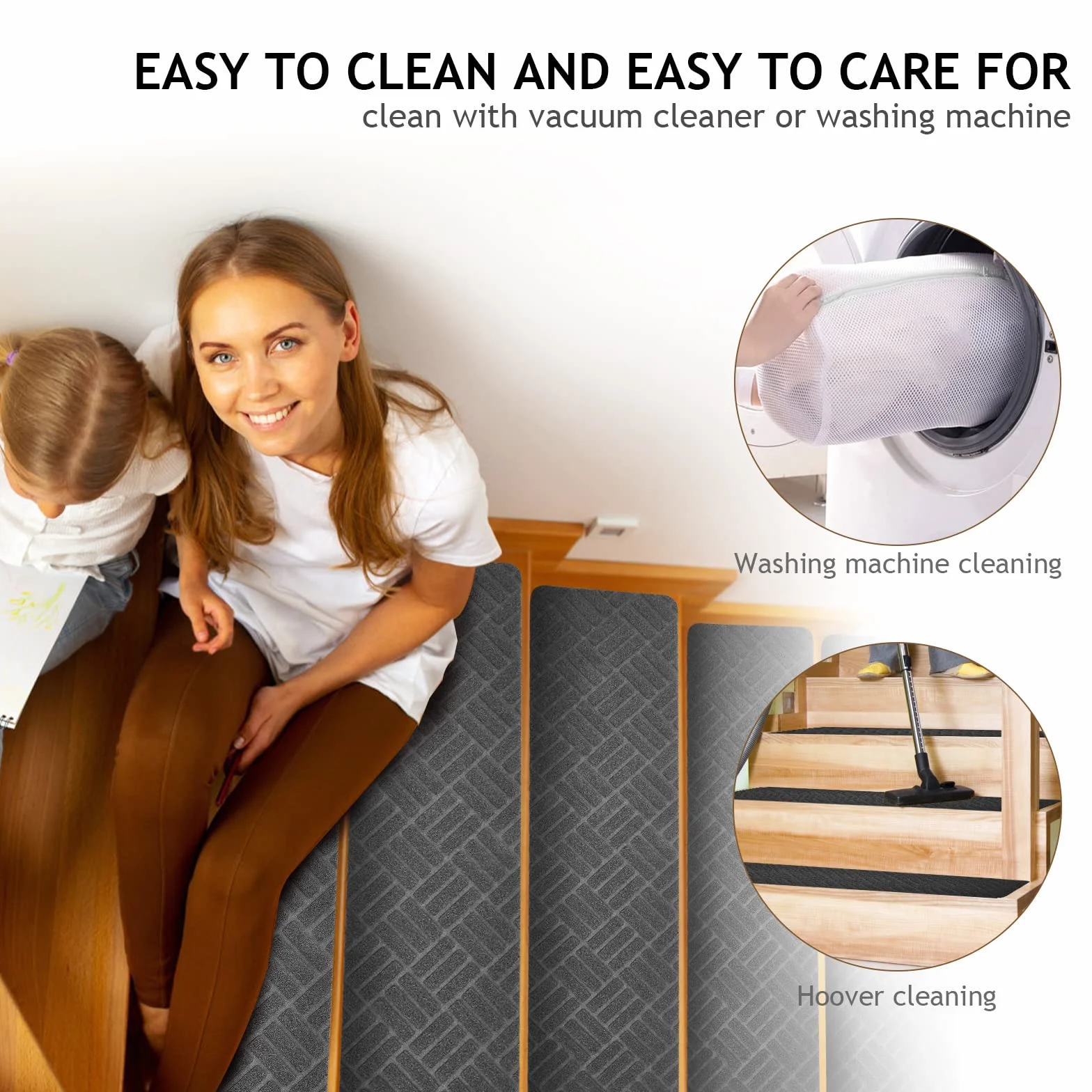 Weigudoc 15 Piezas Alfombrillas Antideslizantes de Escalera para Peldaños, Autoadhesiva Alfombra para Escaleras 76x20 cm, Peldaños de Escalera para Niños Ancianos y Mascotas, Gris (Estilo 2)