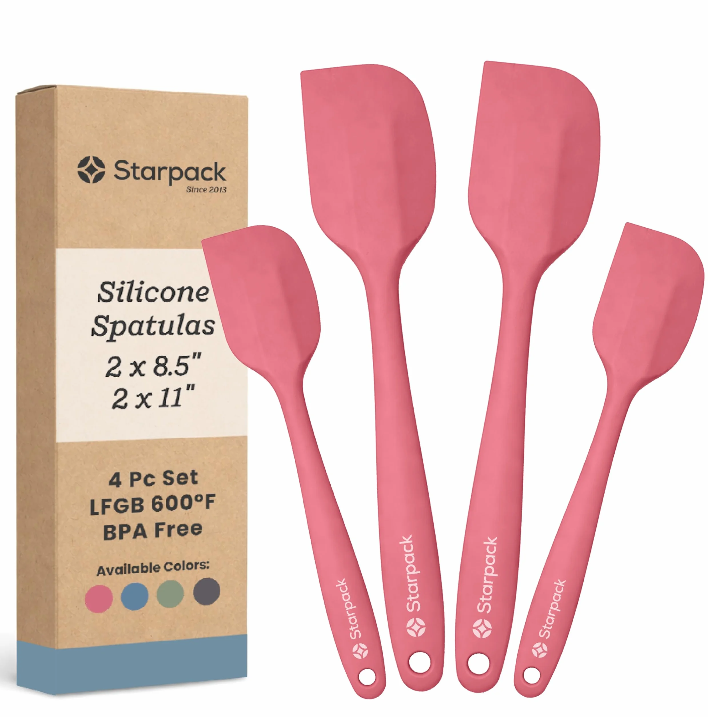 StarPack - Juego de 4 espátulas de silicona de alta calidad (2 pequeñas, 2 grandes), resistentes al calor hasta 315.6 °C, diseño higiénico de una pieza, juego de utensilios de cocina de goma