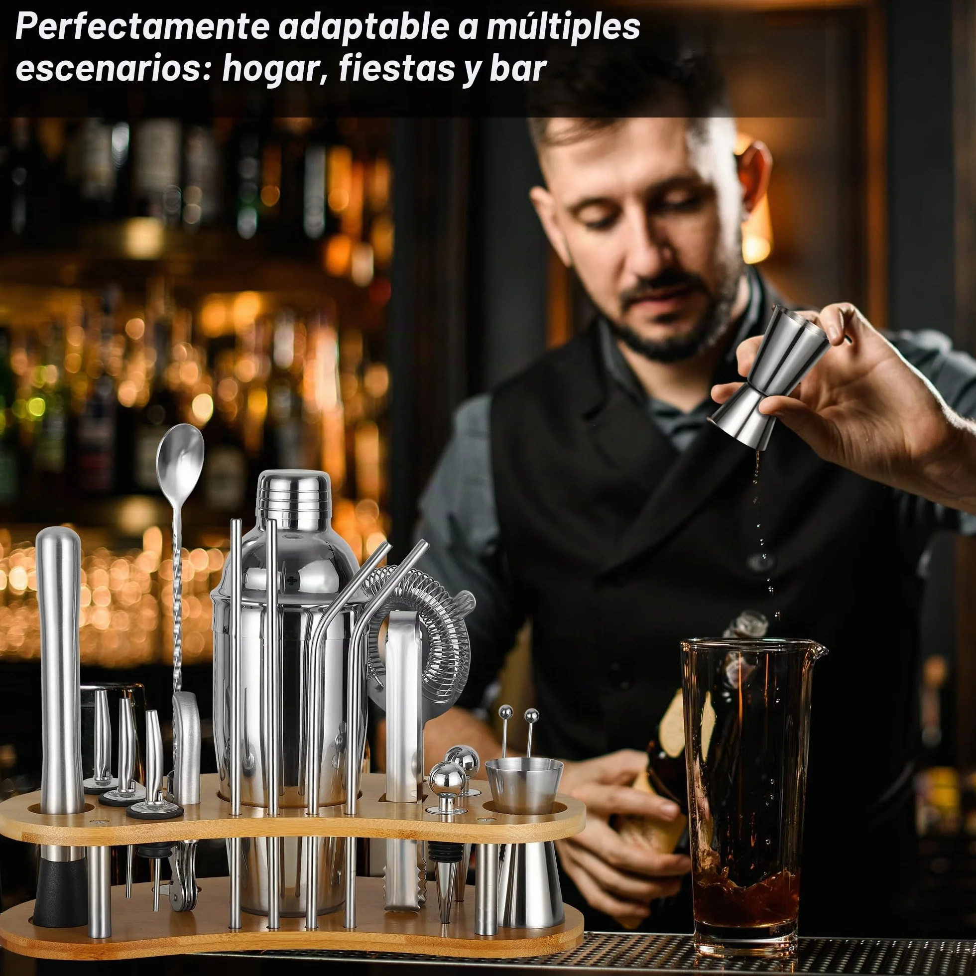 19 Piezas Coctelera, 750 Ml Coctelera Profesional de Acero Inoxidable Soporte Madera y Libro de Recetas De CóCteles, Cocktail Shaker, Regalo para Hombres y Mujeres (Bar en Casa, Fiesta, Boda)