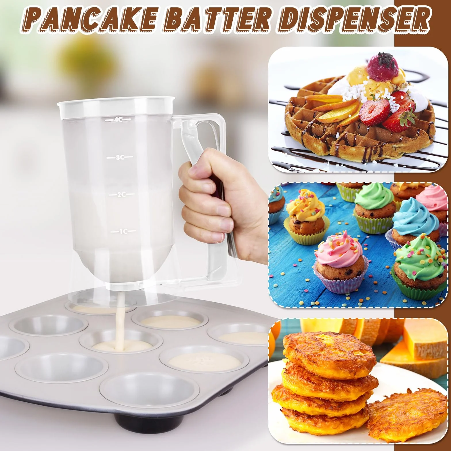FillTouch 2 dispensadores de masa para panqueques con mango de compresión para parrilla, dispensador de mezcla, panqueques para hornear, cocina, cupcakes, galletas, gofres (blanco)
