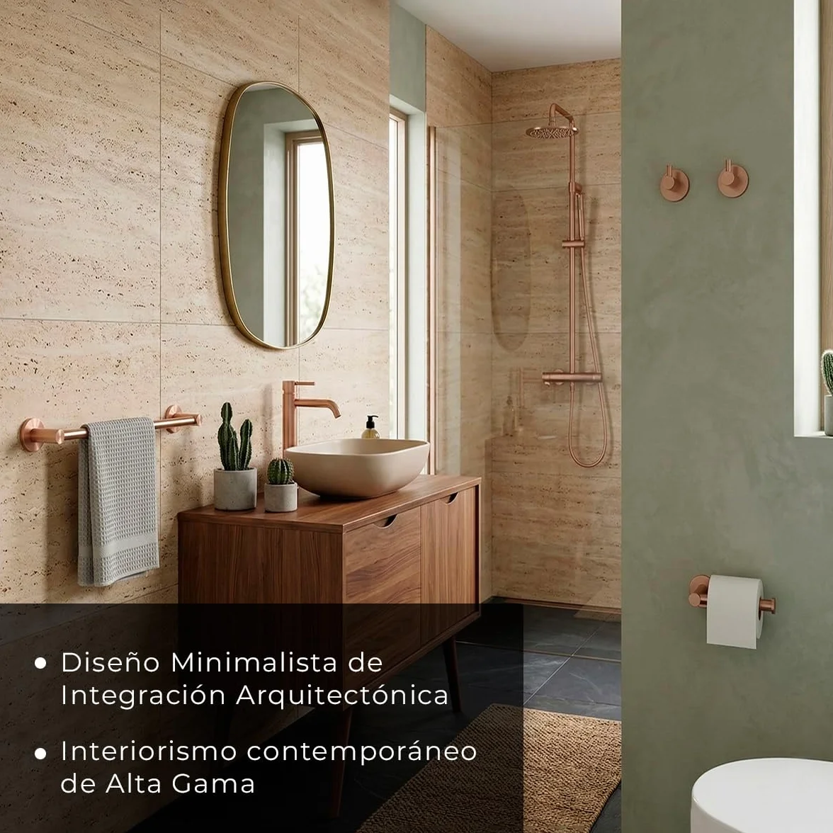 Set de 4 Accesorios de Baño Acero Inoxidable Piezas Premium - Toallero 40 Cm, Portarrollos y 2 Perchas - Color Oro Rosa Cepillado con Acabado PVD y Doble Fijación - The Bath Point