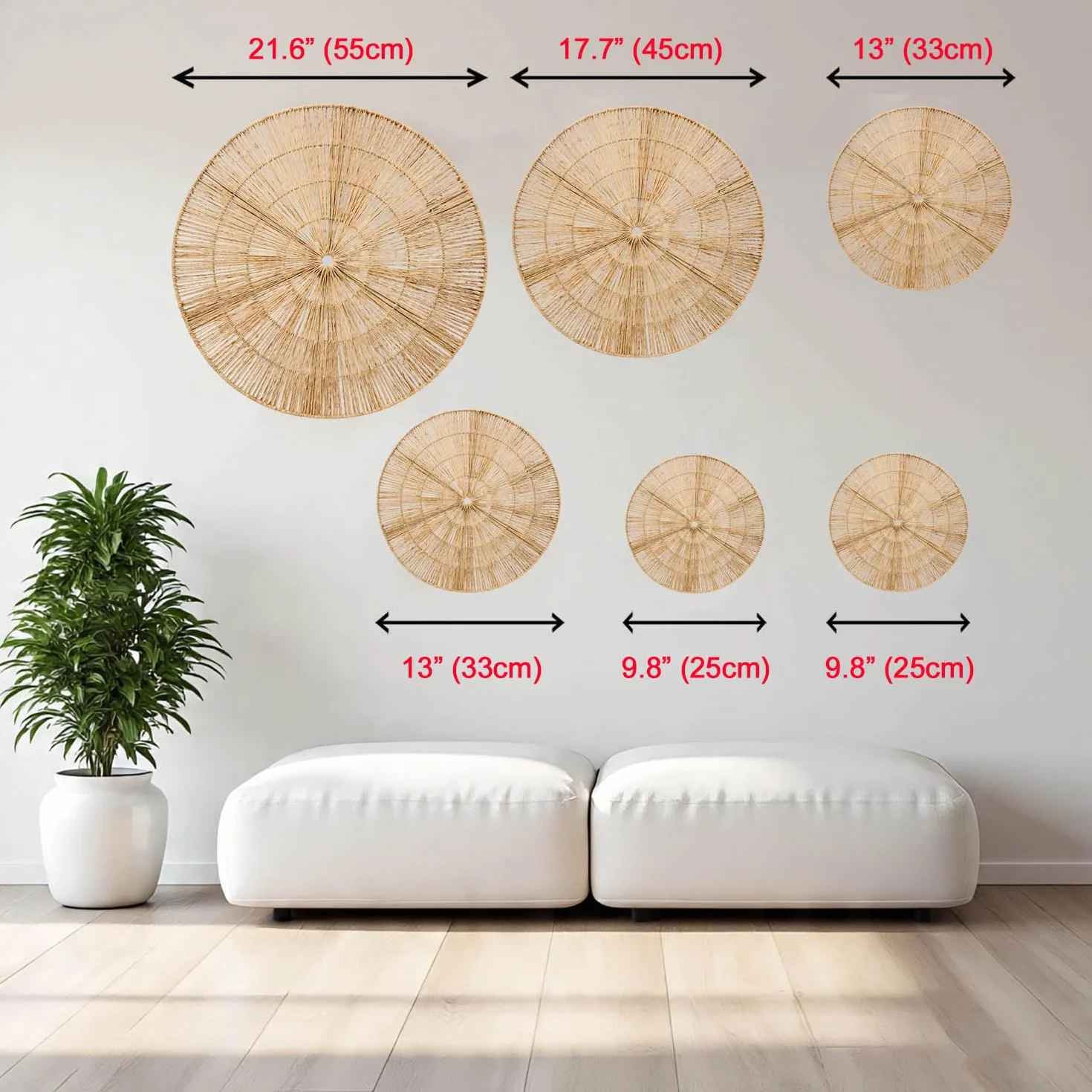 Laquedecraft Juego de cestas de mimbre bohemio para decoración de pared, gran tejido rústico, bohemio, para decoración del hogar, dormitorio, sala de estar, cocina, baño (clásico, natural, juego de 6)