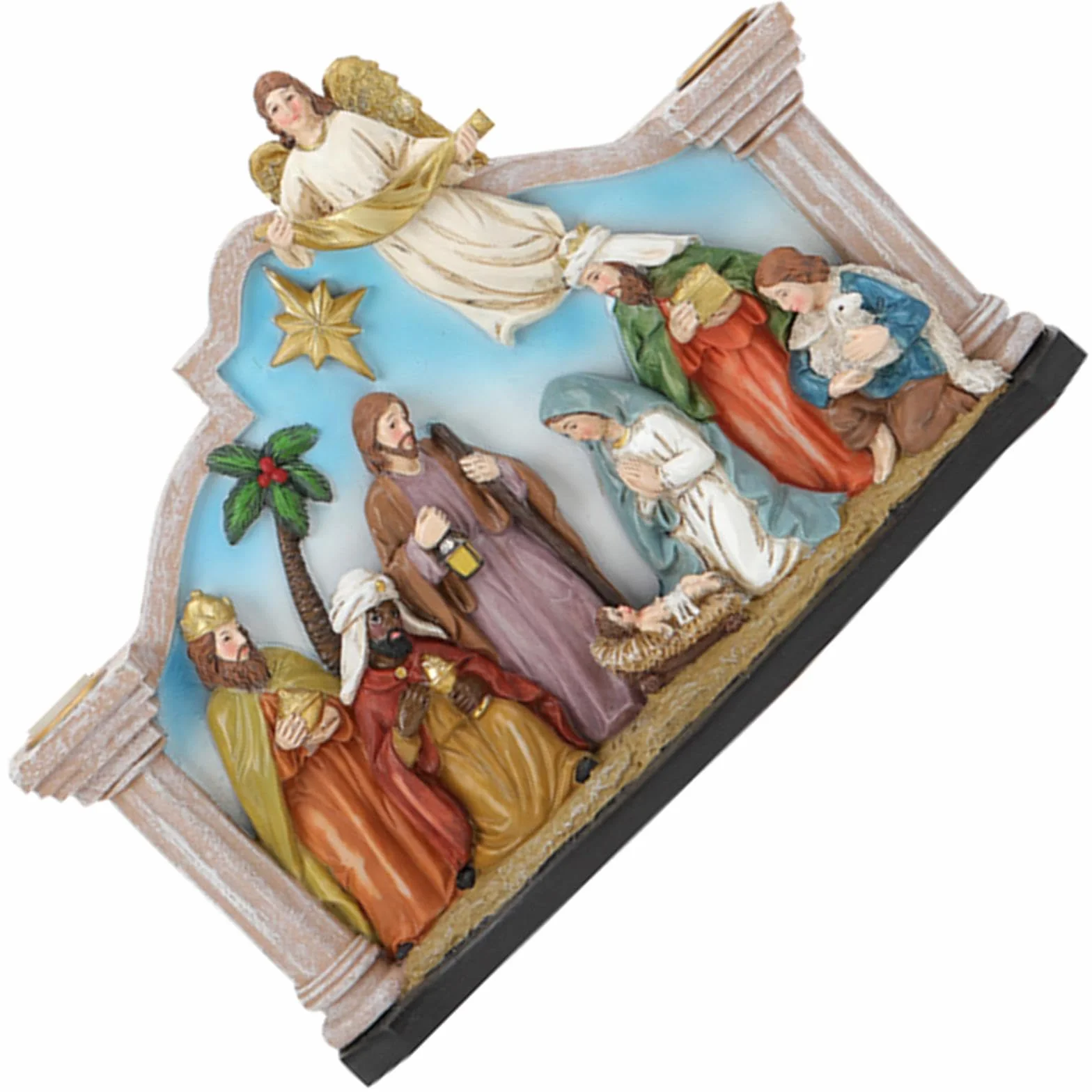 Soporte para belén con figuras de la Sagrada Familia Resina Decoraciones de Adviento de Navidad para vacaciones Regalos de mesa Santa Familia Cuna con Candelabro