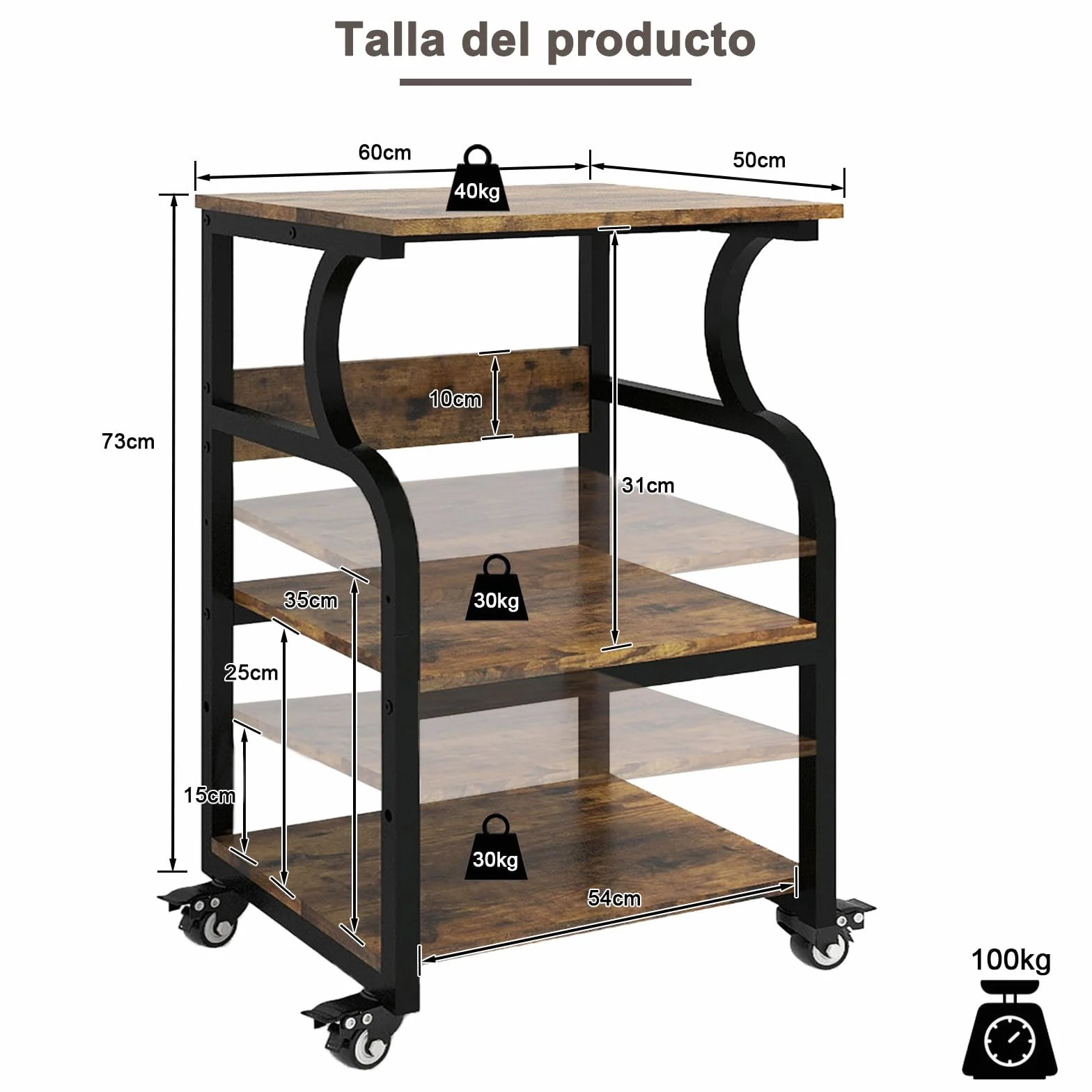 PUNCIA Mesa para Impresora Ajustable en Altura 60x50cm 3 Niveles con Ruedas Madera y Metal Carrito Almacenaje Oficina Escuela Estudio