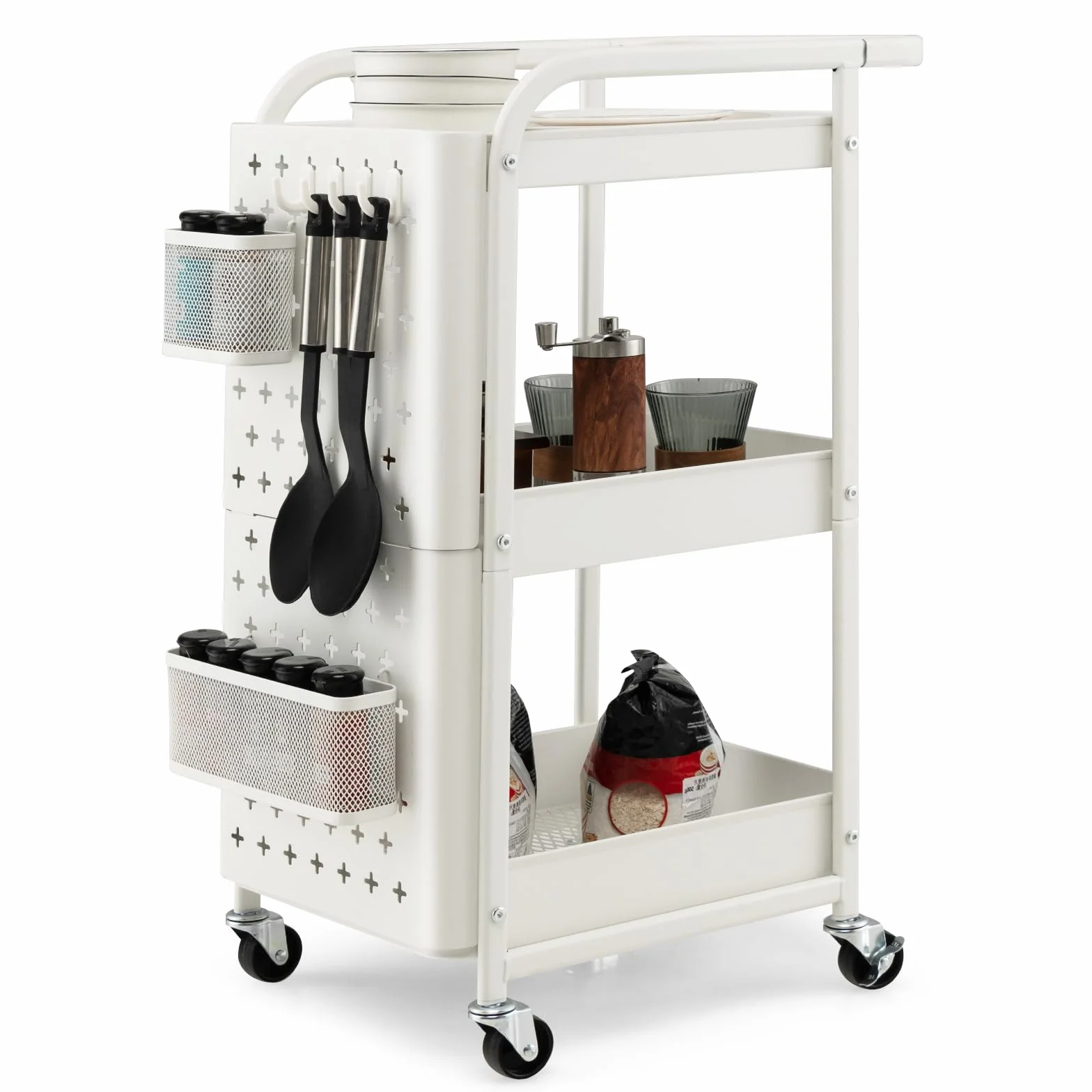 KOMFOTTEU Carro de Almacenamiento de 3 Niveles, Carrito Rodante con 2 Tablero de Clavijas, 2 Cestas y 4 Ganchos, Carro de Servicio de Metal para Cocina, Baño, Oficina, 52 x 33 x 75 cm (Blanco)
