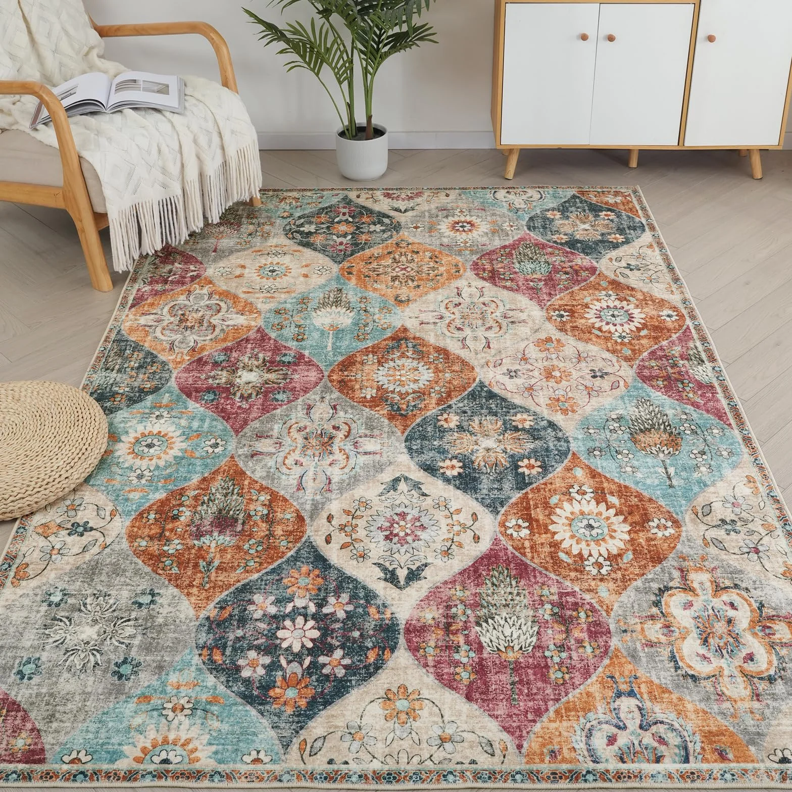 Xfrog Alfombra Bohemia con Flores, Antideslizante, Lavable, ultrasuave, Antigua, de Pelo bajo, para salón, Dormitorio, habitación Infantil - 160 x 230 cm
