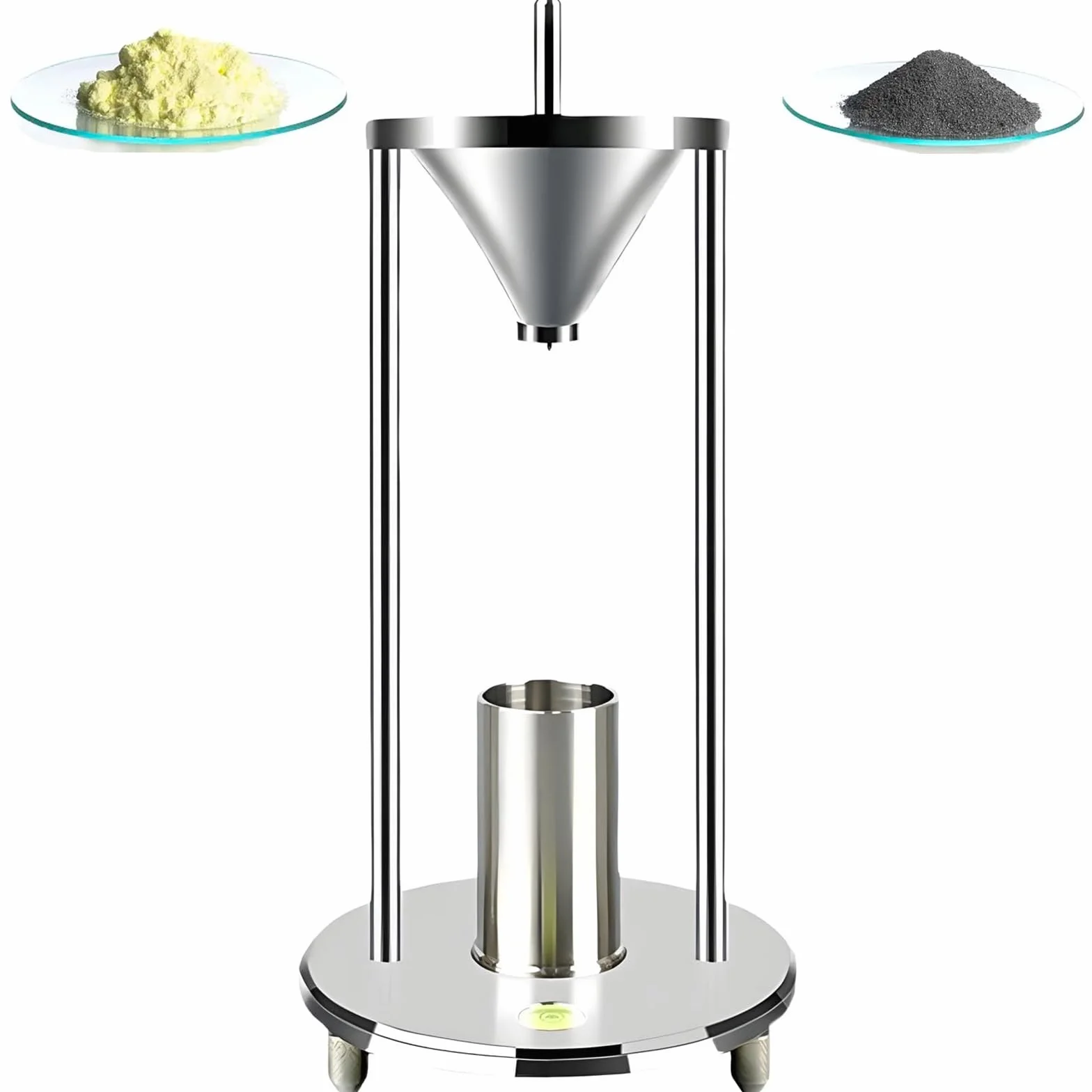 Este medidor de Densidad aparente, de Acero Inoxidable, para apilamiento Natural, con Abertura de Embudo de 12,7 mm, Incluye un Vaso medidor de 100 ml.