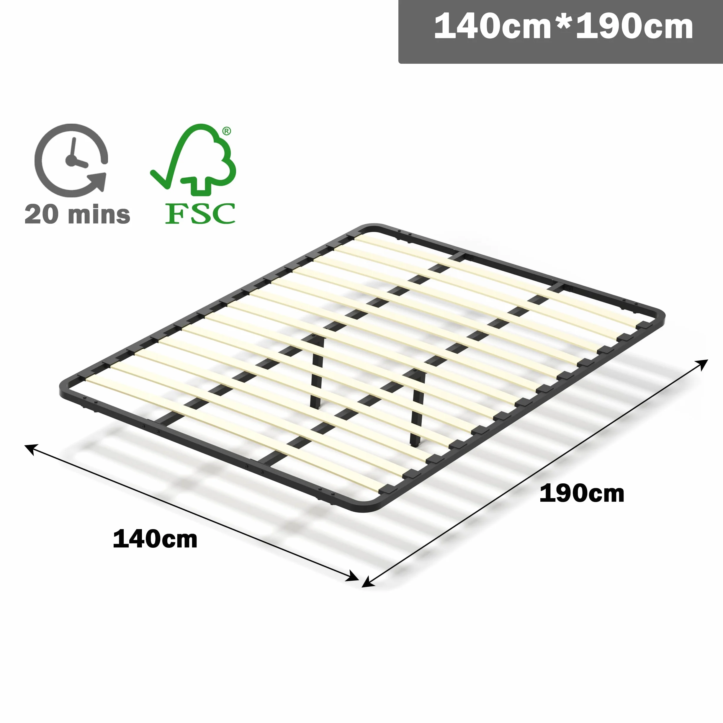 DEWINNER Somier de 140 x 190 cm sin patas de apoyo con dos barras de hierro, red francesa de 140 x 190 cm empotrada y 2 patas ajustables para refuerzo en el medio, 13 láminas, ortopédica, montaje