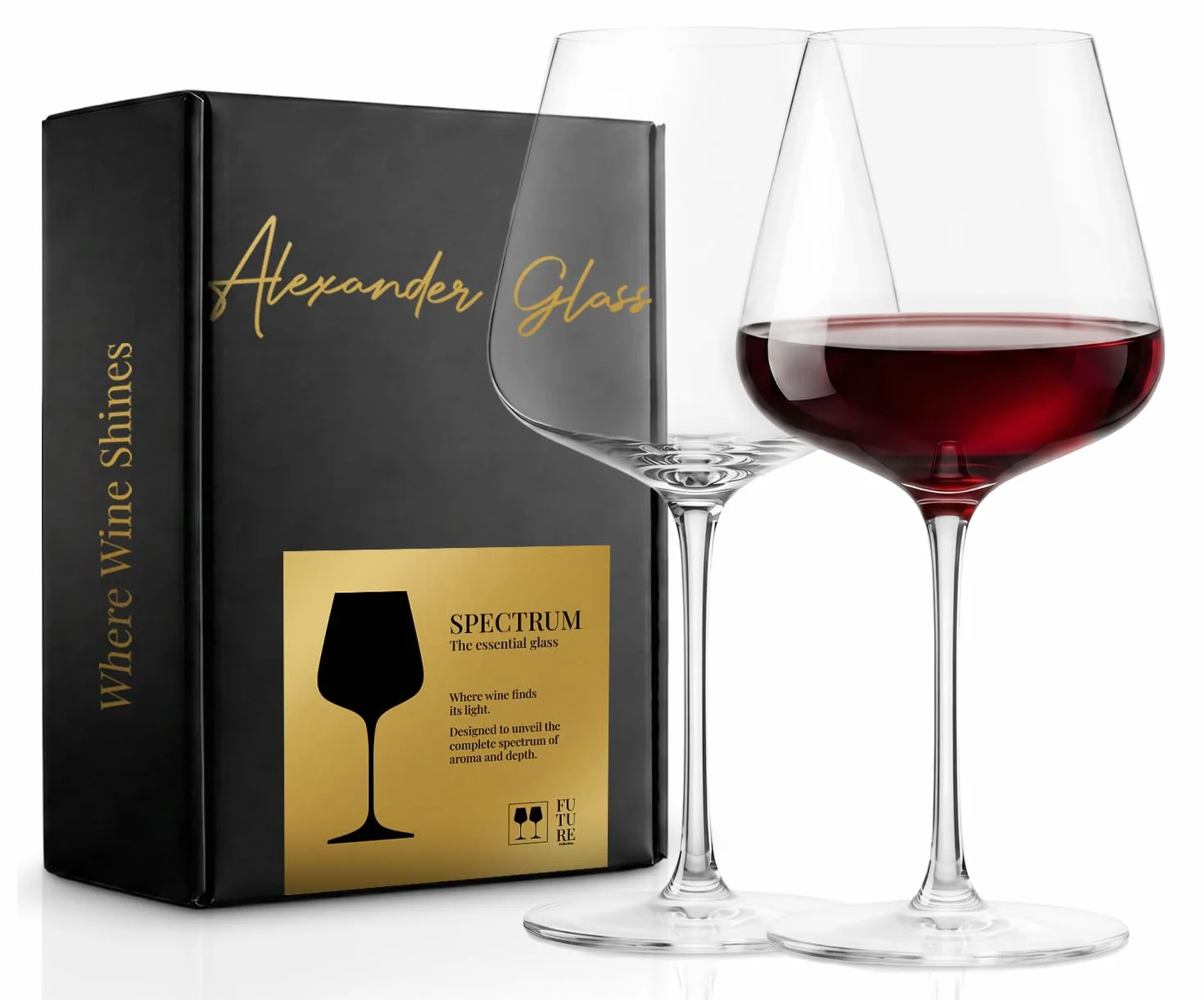 Alexander Glass Set 2 Copas de Vino Tinto Sopladas a Mano 670 ml | Copa SPECTRUM Future Collection Ultraligera Cáliz Amplio Burdeos Cabernet | Caja Premium Regalo y Envío Seguro