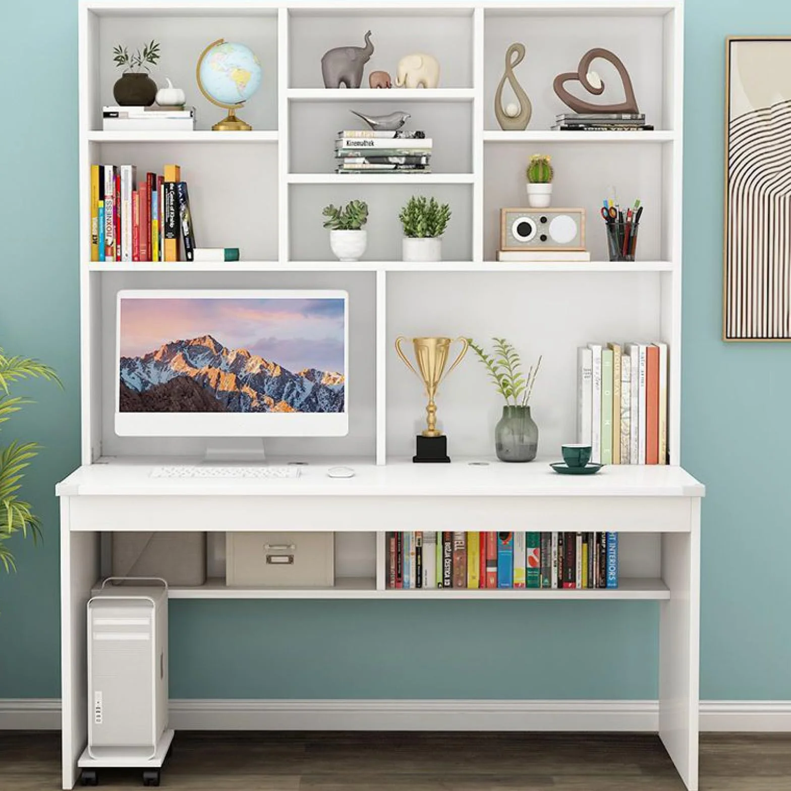 Escritorio compacto blanco para computadora con estantería y mesa de escritura de madera para espacios pequeños, ideal para estudio y estación de trabajo para adolescentes y estudiantes, artículos