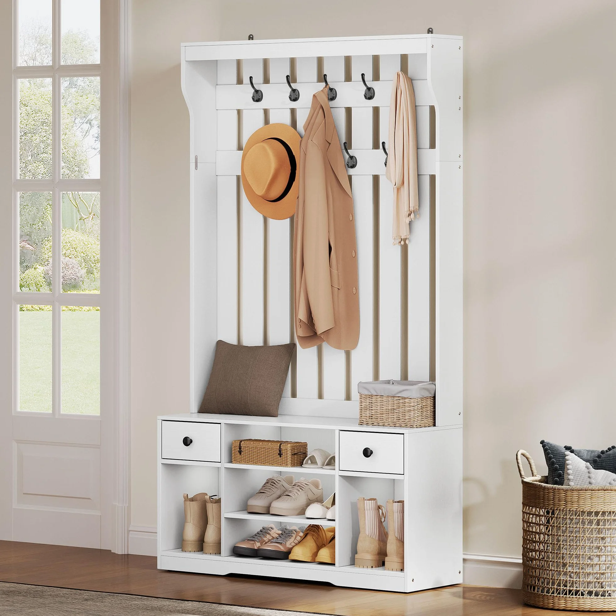 YITAHOME Perchero Entrada Recibidor con Banco, 35 x 100 x 180 cm Zapatero Entrada Recibidor, Perchero Zapatero, con 9 Ganchos y Almacenamiento, 2 Cajón de Tela, Pasillo Dormitorio Salón, Blanco