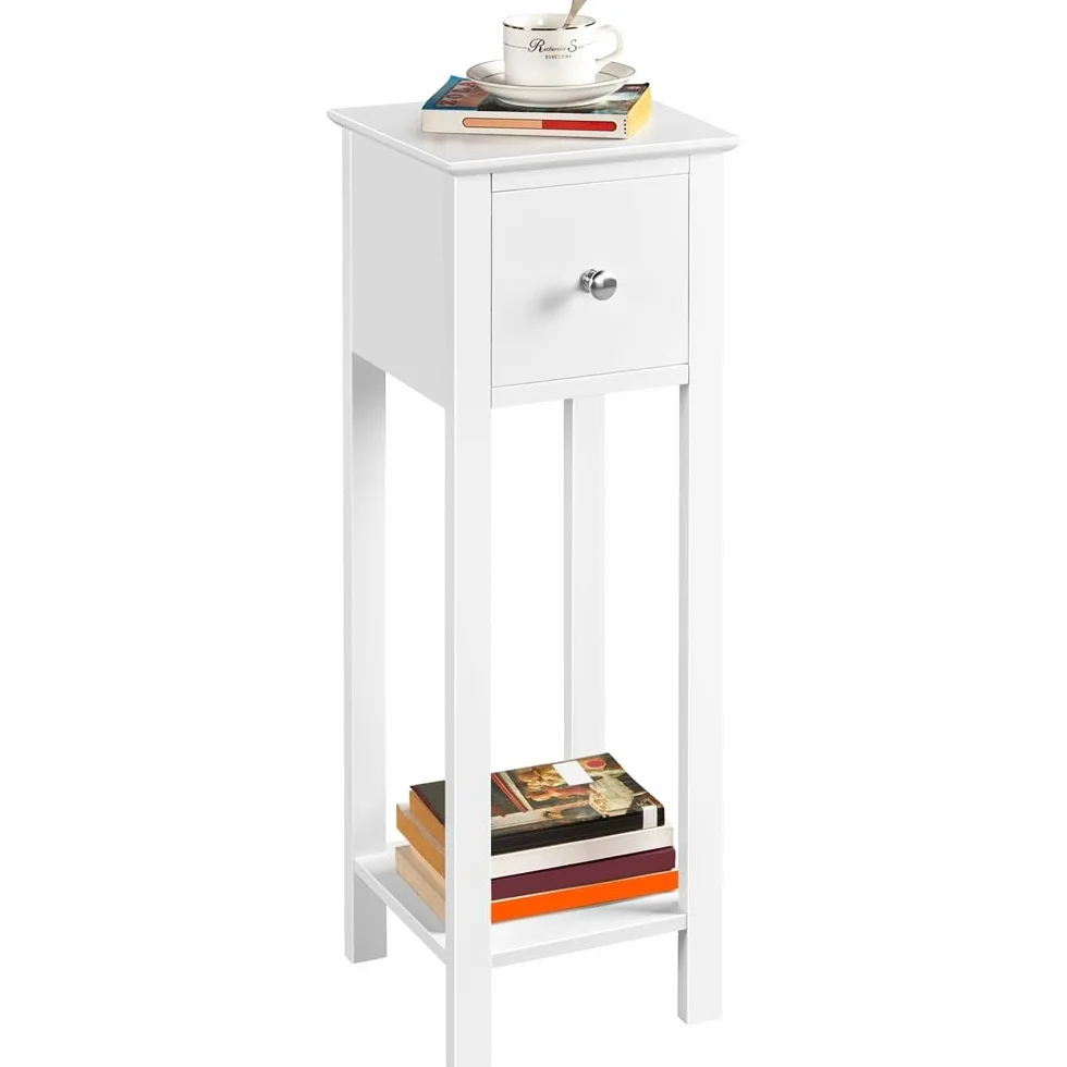 Yaheetech Mesita de Noche de Estrecha 25x25x70cm Mesita de Noche Alto con Cajón Mueble para Teléfono de Sofá, Dormitorio Color Blanco