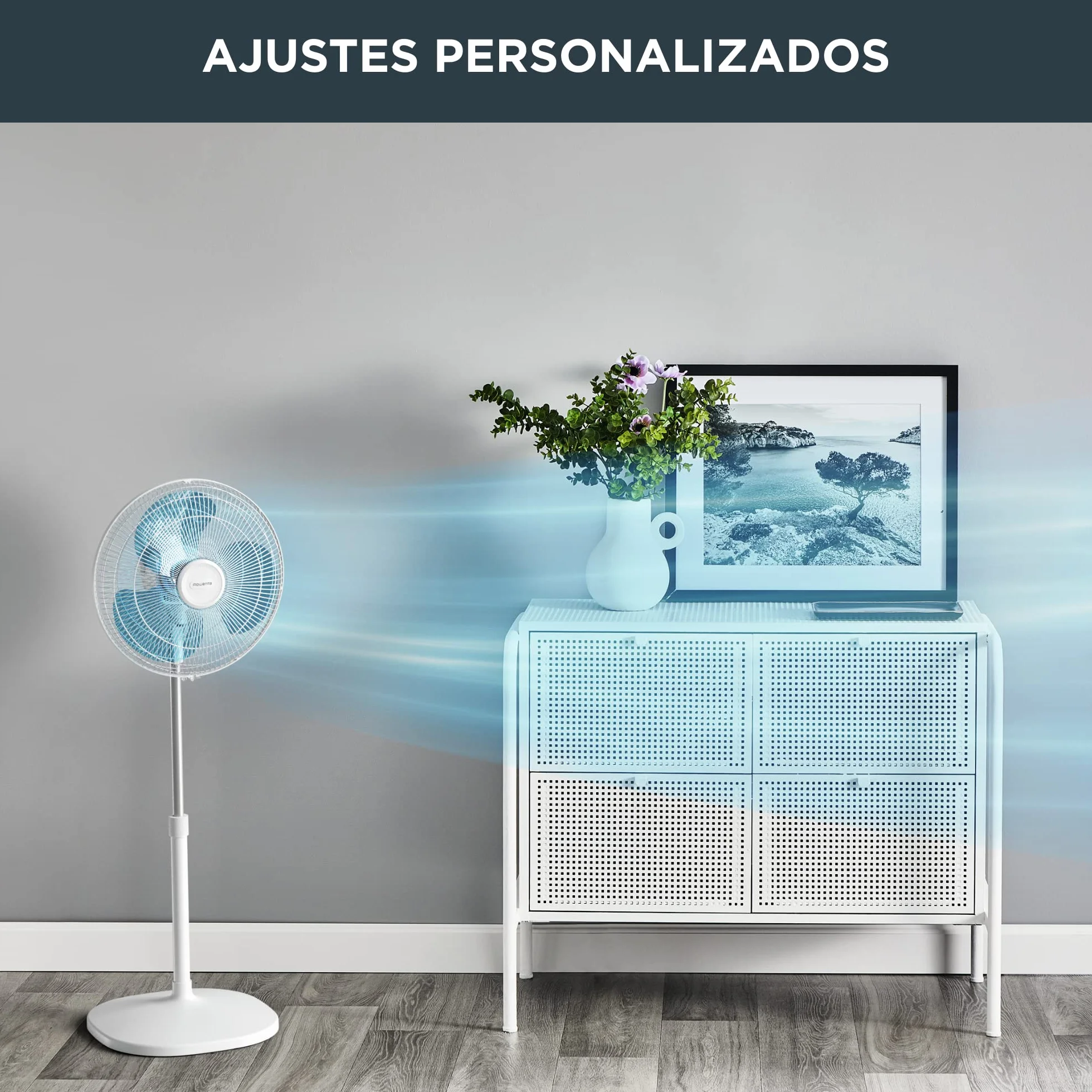 Rowenta Essential+ Ventilador de Pie Silencioso - Oscilación Automática, 3 Velocidades, Flujo de Aire 55 m³/min, Altura Ajustable hasta 140 cm, Bajo Consumo, Blanco (Reacondicionado)