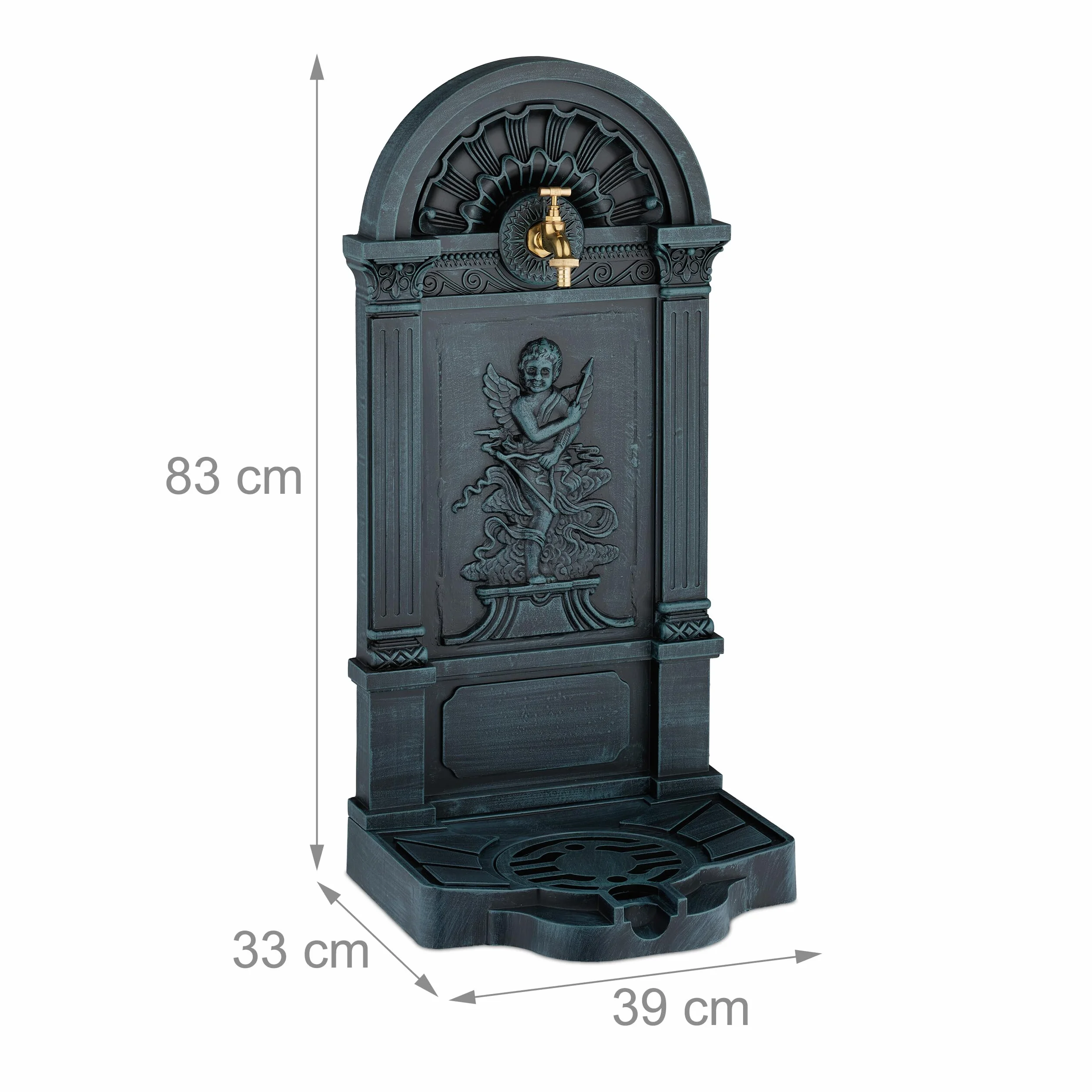Relaxdays Fuente de Pie Antiguo con Ángel, Grifo y Lavabo 83 x 39 x 33 cm, Fuente Jardín Gris/Verde