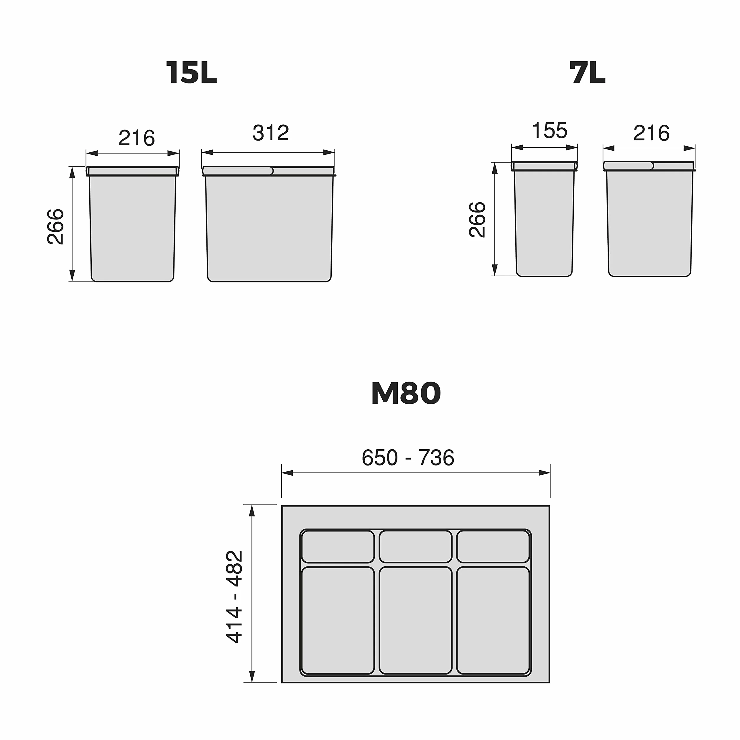 EMUCA - Contenedores de reciclaje, 15 L + 15 L + 7L + 7 L, módulo 800 mm, Plástico, Gris antracita, 4 ud. + Base