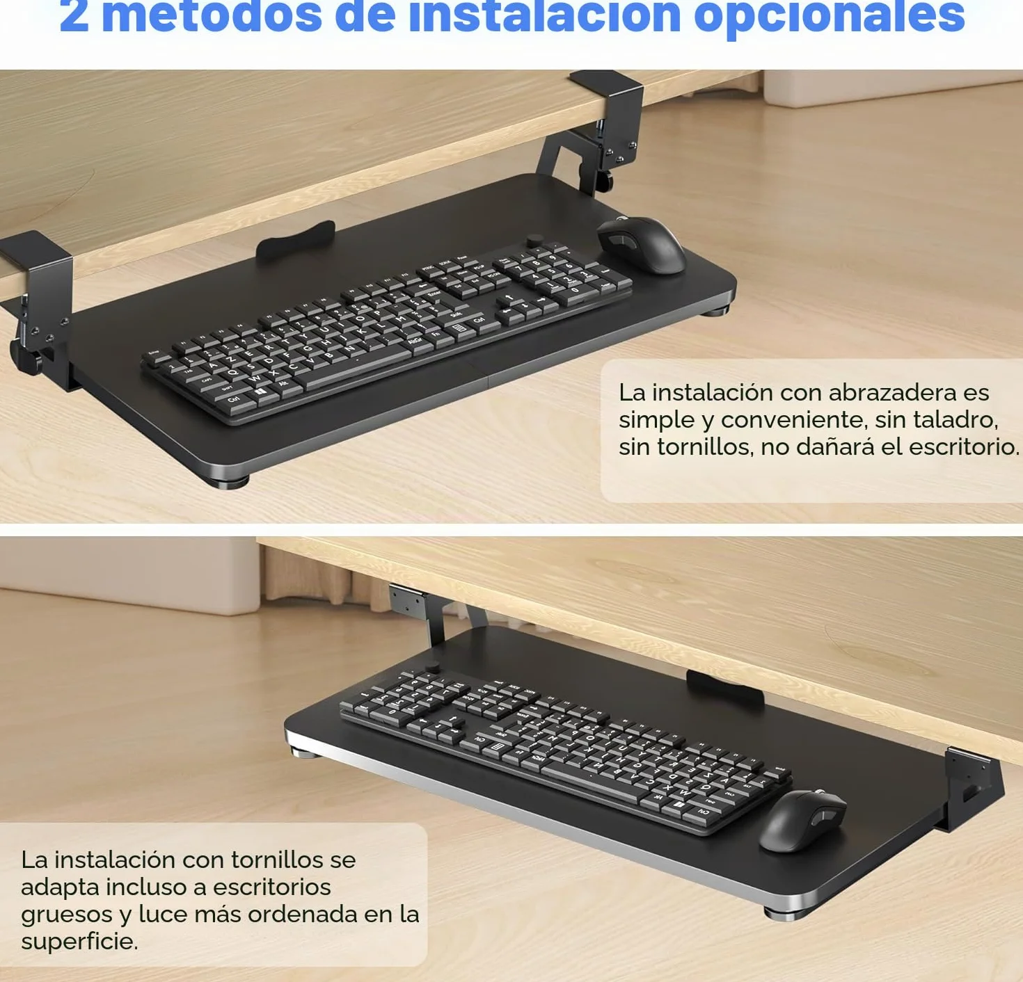 Bandeja para Teclado Debajo del Escritorio, 65.5 x 31.1 cm, Soporte Ergonómico con Abrazadera en C, Plataforma Extraíble y Deslizante