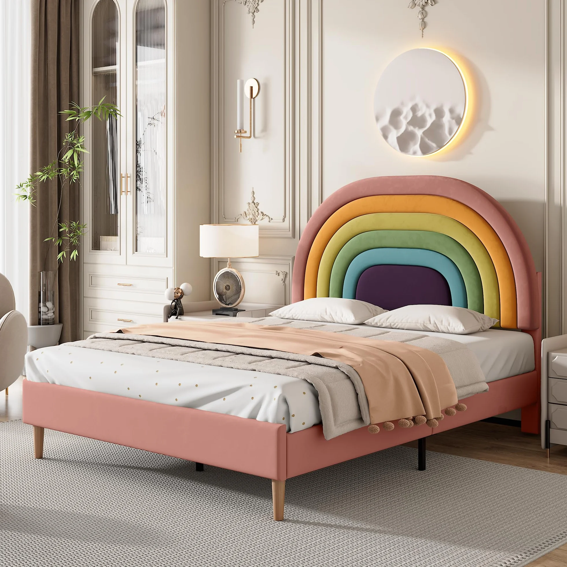 Merax Cama tapizada de 140 x 200 cm con somier y cabecero ajustable, cama doble para adultos y jóvenes, tela de terciopelo, color rosa (sin colchón)