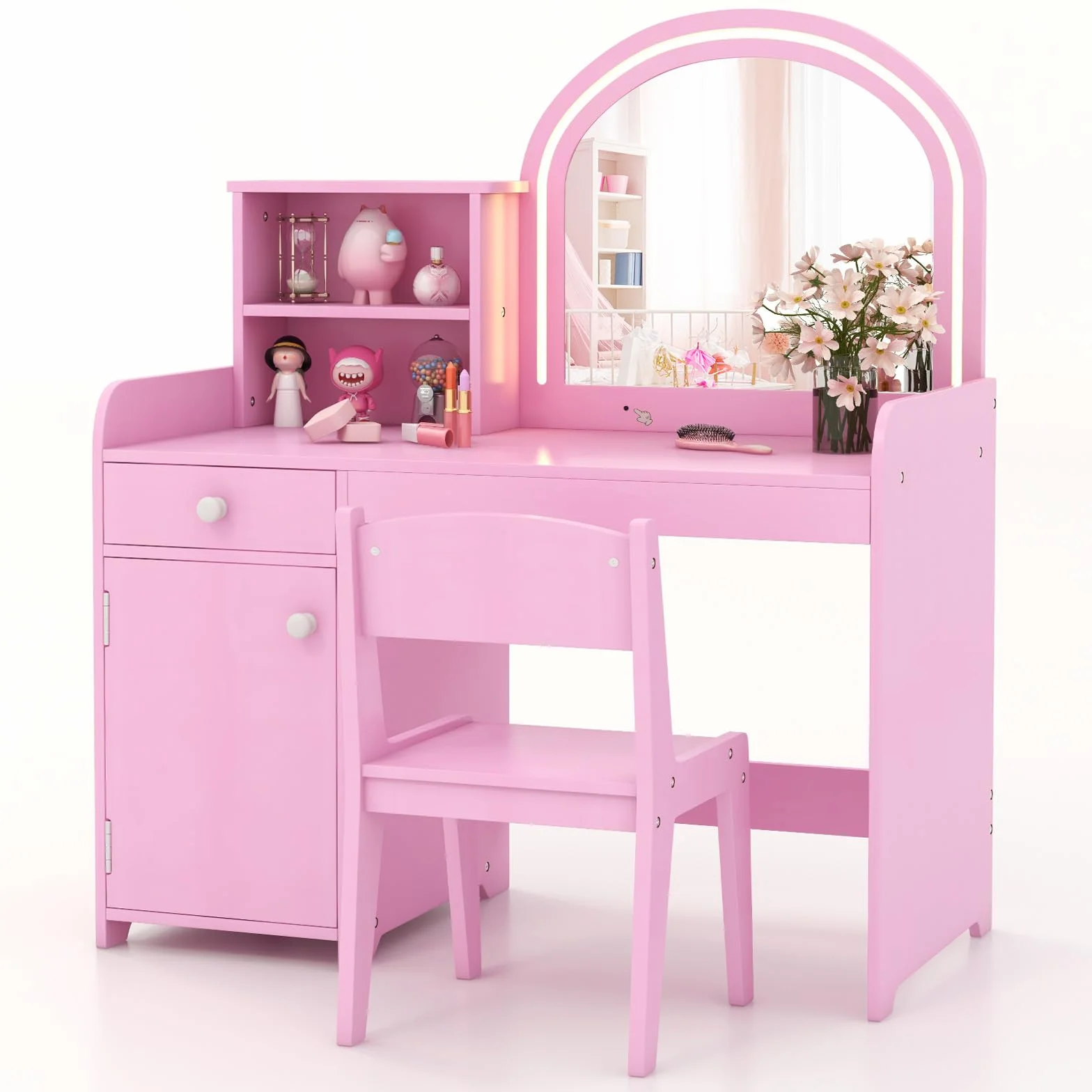 LIFEZEAL 2 en 1 Set de Tocador Niños, Tocador Infantil con Cajón y Estante, Mesa de Maquillaje con Espejo LED y Taburete, para Niñas a Partir de 3 Años