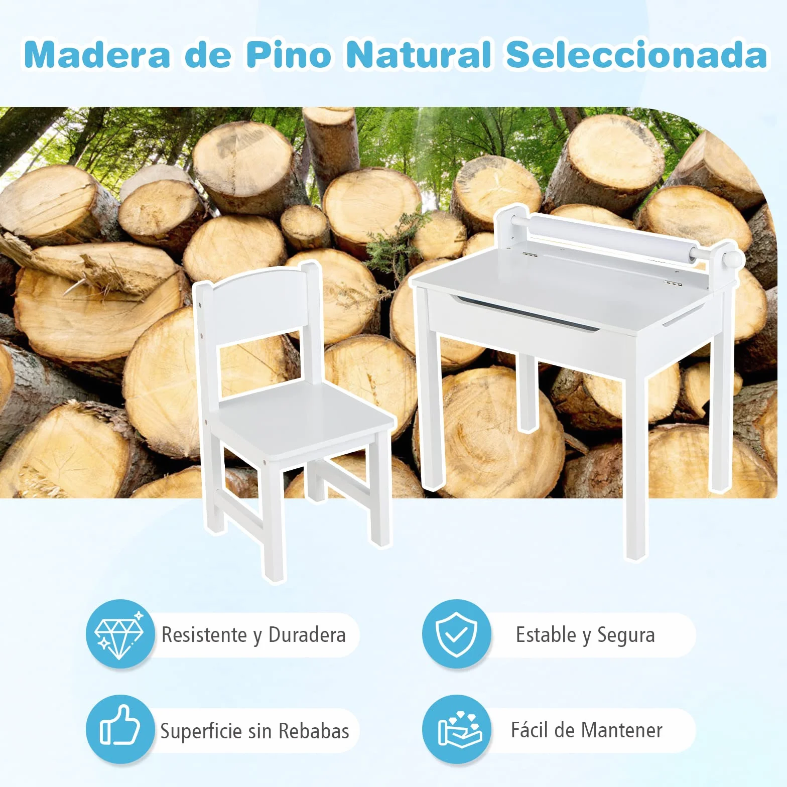 COSTWAY Juego de Mesa y Silla Infantil de Madera, Mesa de Actividades con Soporte para Rollo de Papel, Escritorio para Dibujar y Estudiar (Blanco)