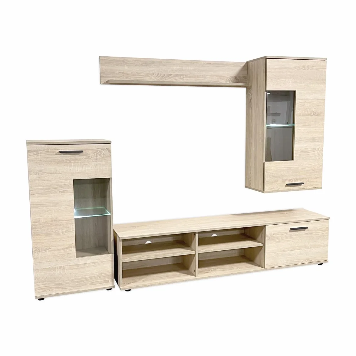 Homey - Mueble de Salón Moderno con Leds, Módulos de Comedor, Modelo Alba, Acabado en Cambria, Medidas: 229 cm (Ancho) x 200 cm (Alto) 38 cm (Fondo)