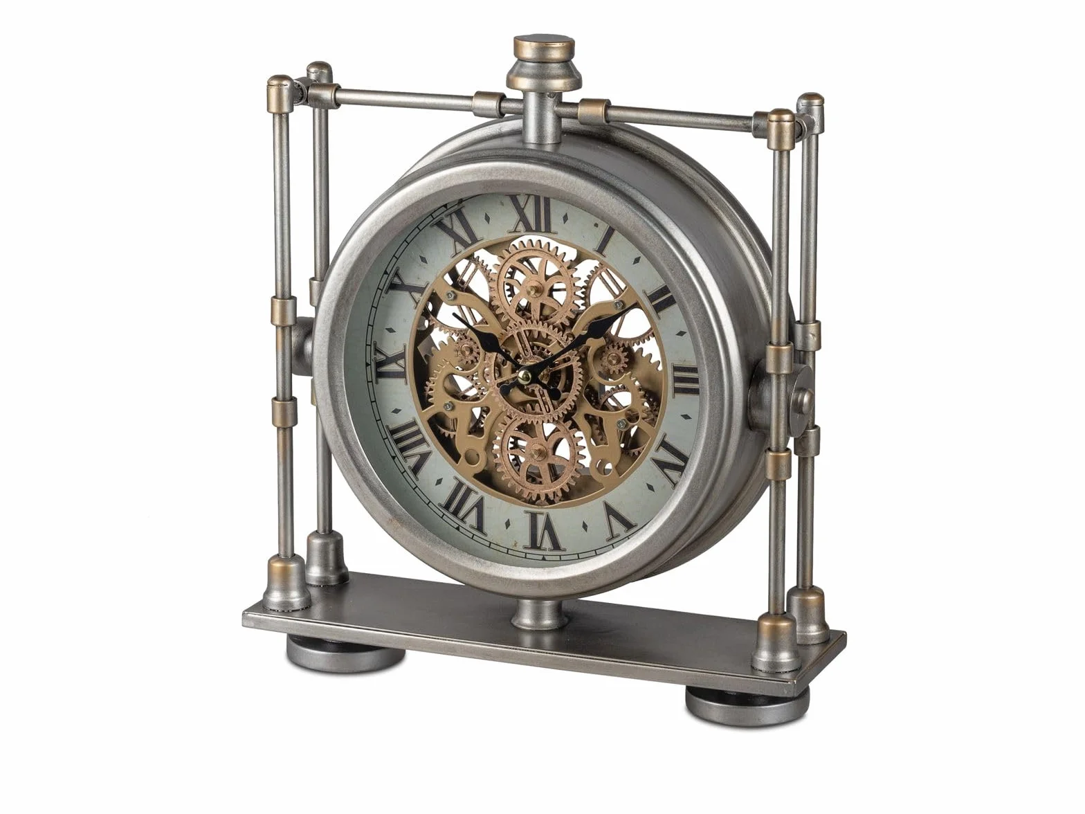 formano Reloj de pie antiguo con ruedas dentadas doradas visibles móviles de 34 cm, metal plateado, funciona con pilas, reloj decorativo, estilo industrial vintage moderno