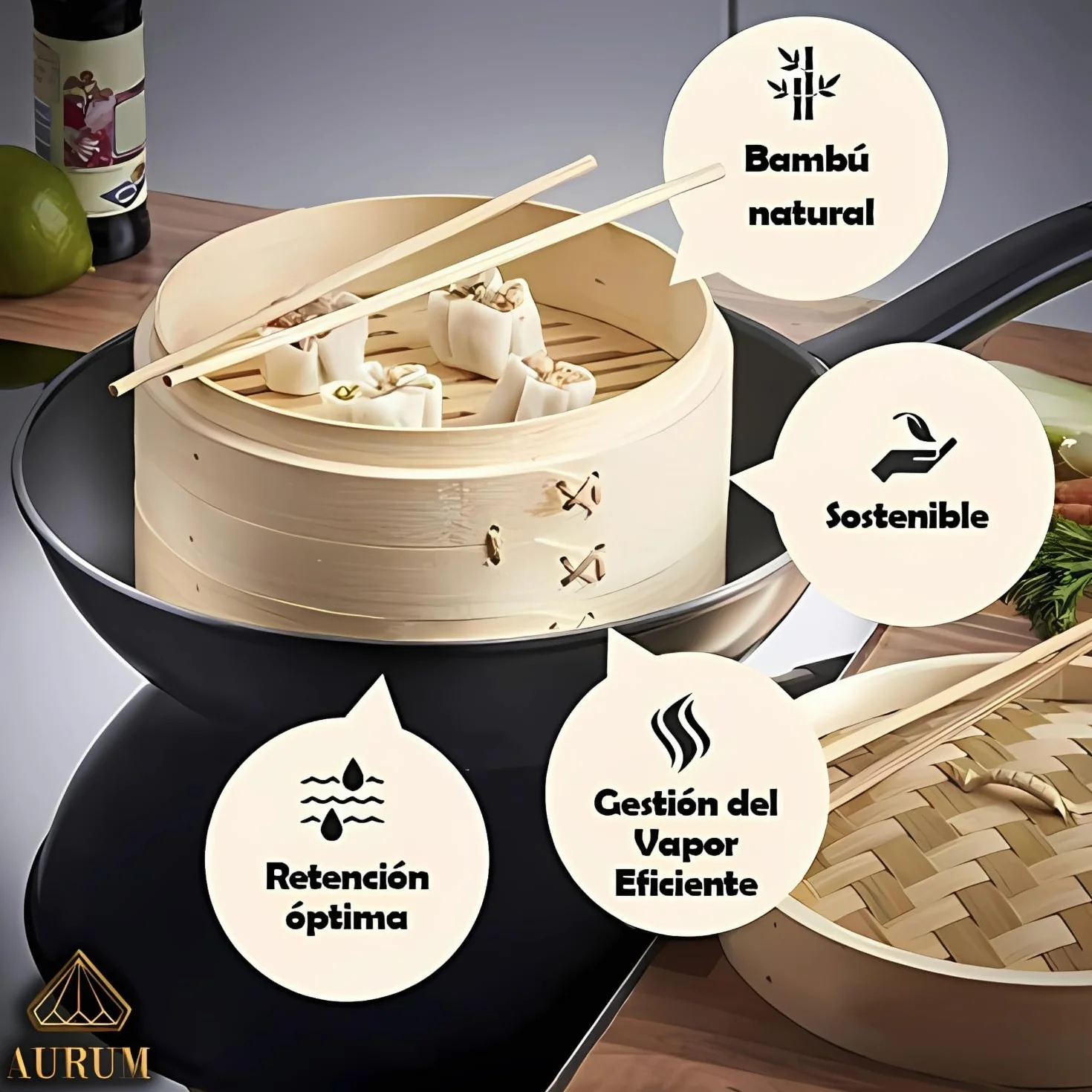 Aurum Vaporera de Bambú 2 Niveles 20 cm 25 cm Incluye Accesorios Cocinar Vapor