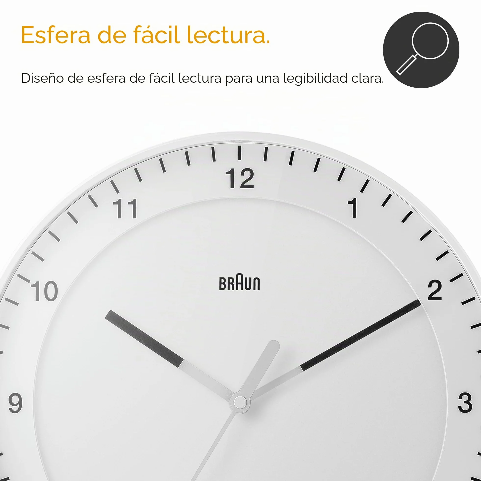 Braun Reloj de Pared analógico Grande clásico Movimiento de Agujas silencioso, de fácil Lectura, diámetro del 30 cm en Blanco, Modelo BC17W.