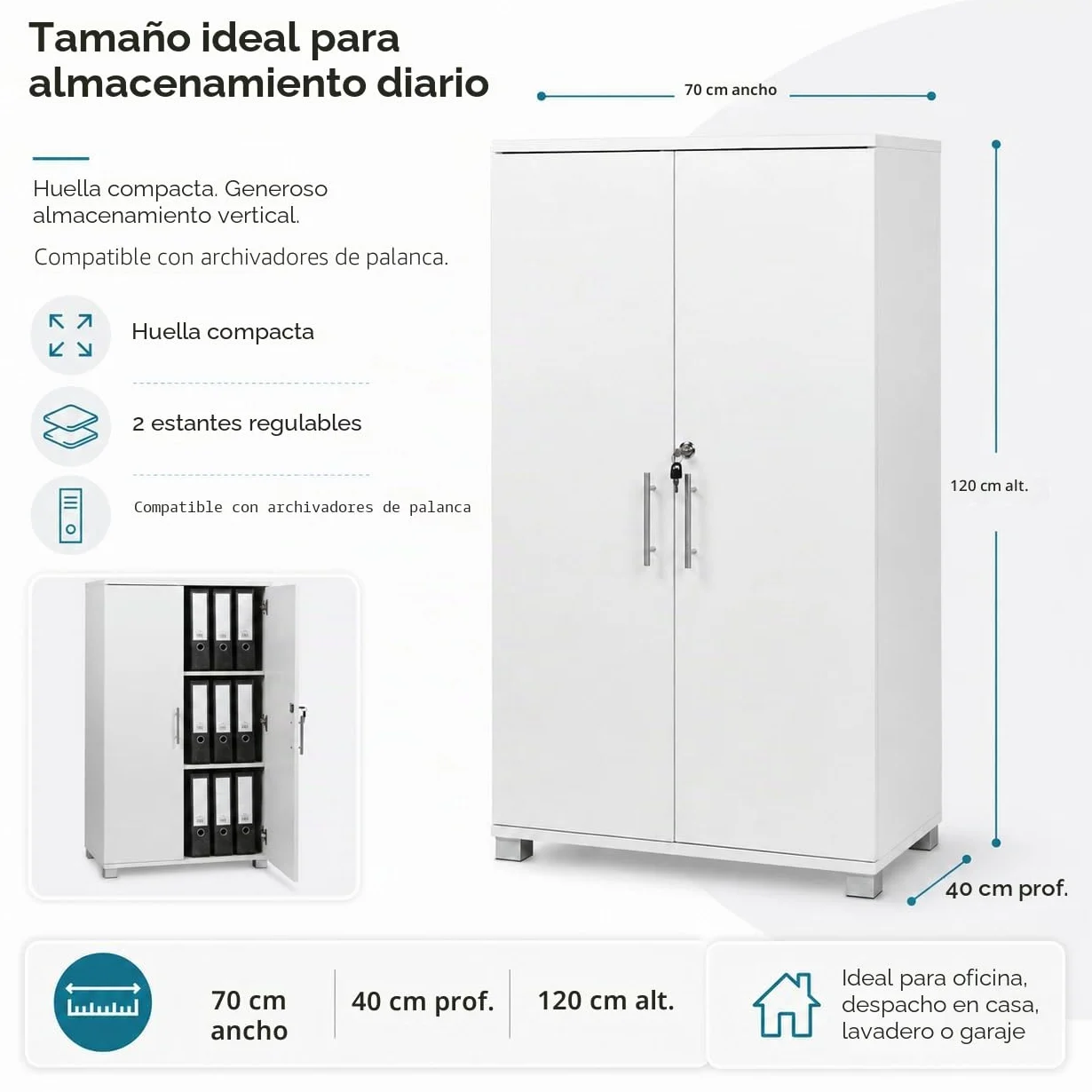 MMT - Armario de Almacenamiento de Oficina, Madera Blanca, 120 cm de Alto, con Cerradura, para Oficina, Garaje, Utilidad.