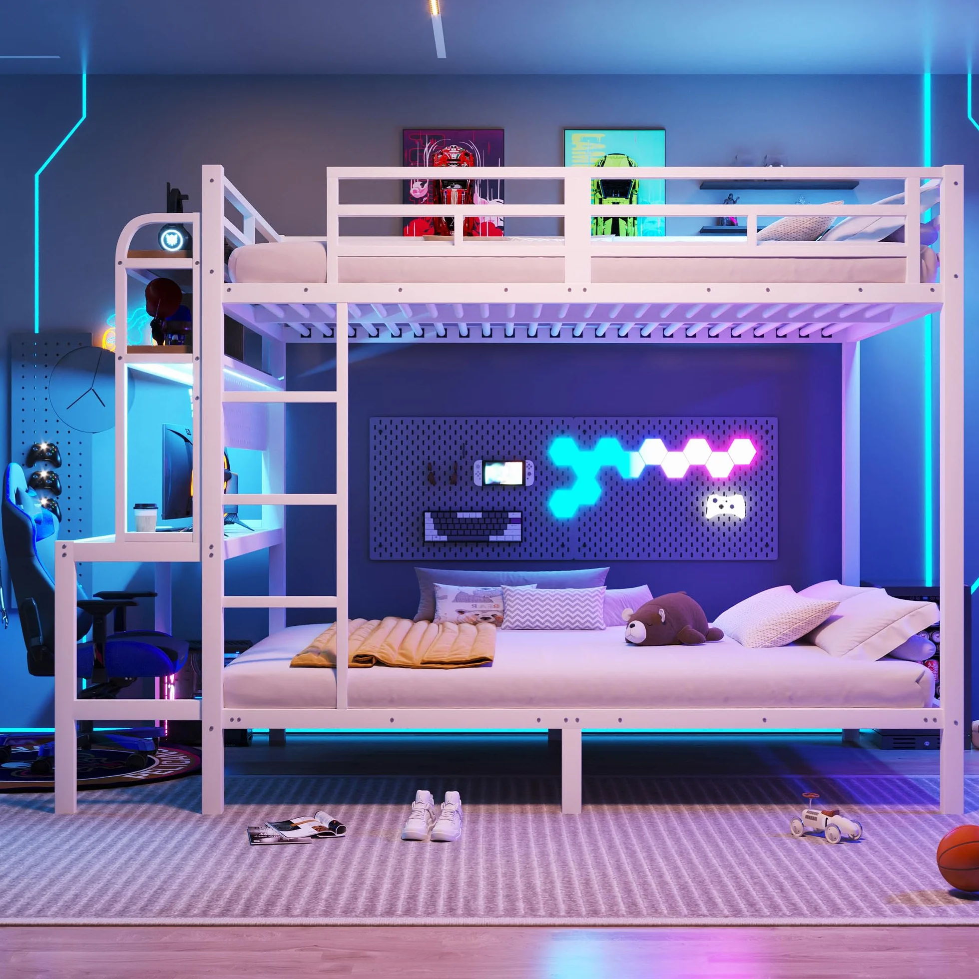 Litera de metal de 140 x 200 cm, con tira de luz LED y conector USB, escritorio, barandilla de seguridad, escalera, marco de hierro, cama alta para niños y jóvenes, sin colchón