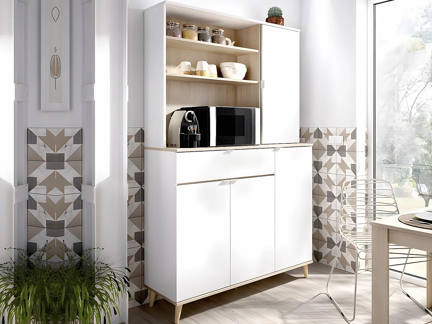 DEKIT GRUPO RIMOBEL WOK -MUEBLE AUXILIAR DE COCINA CON ALMACENAJE - 191x120x40 cm - BLANCO / NATURAL