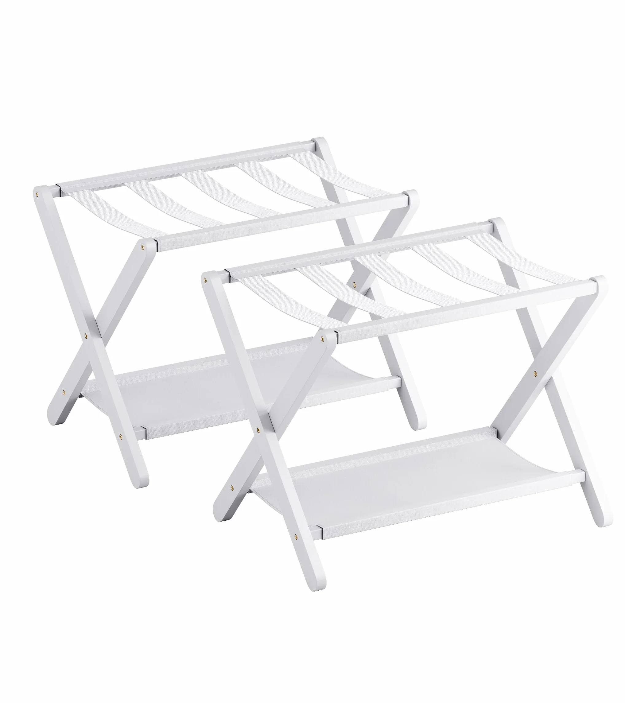 Portaequipajes, Juego de 2, Soporte plegable para maletas con estante de almacenamiento, Portaequipajes de bambú premium para habitación de invitados, hotel, Soporta hasta 61 kg (Blanco)