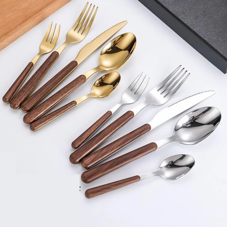 Este Juego de Cubiertos, 5/20/30/40 Piezas, Cuchillo, Tenedor y Cuchara de Acero Inoxidable con Mango de Madera, Estilo Retro, Incluye Cuchara para café, Postre y Tenedor para Fruta, Color p