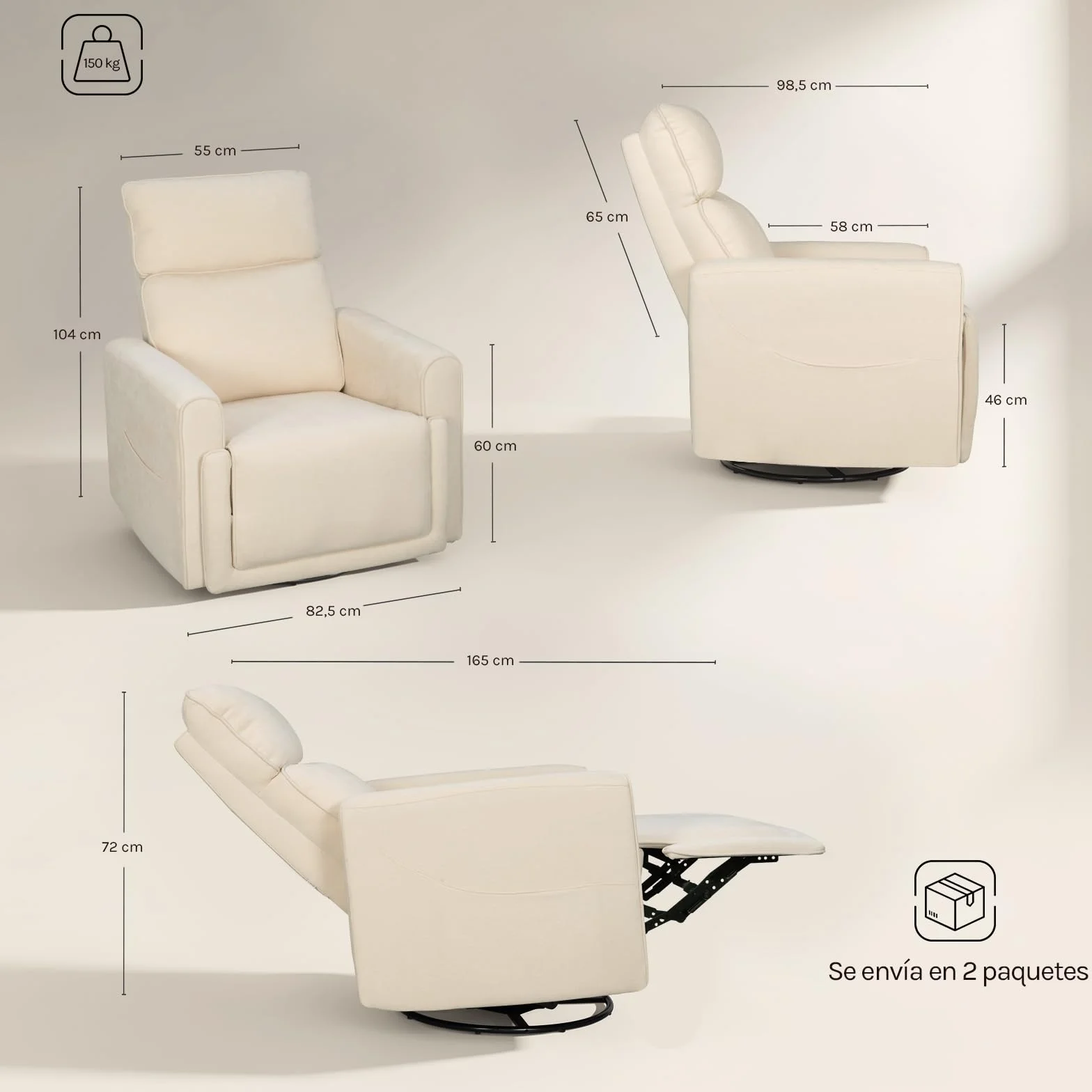 WOLTU Sillón Relax Reclinable, Sillón de Masaje con Calefacción de Masaje, Reposapiés, Bolsillos, Portavasos, Puerto USB, Tapizado en Tela Chenilla, Capacidad de Carga 150 kg, Beige