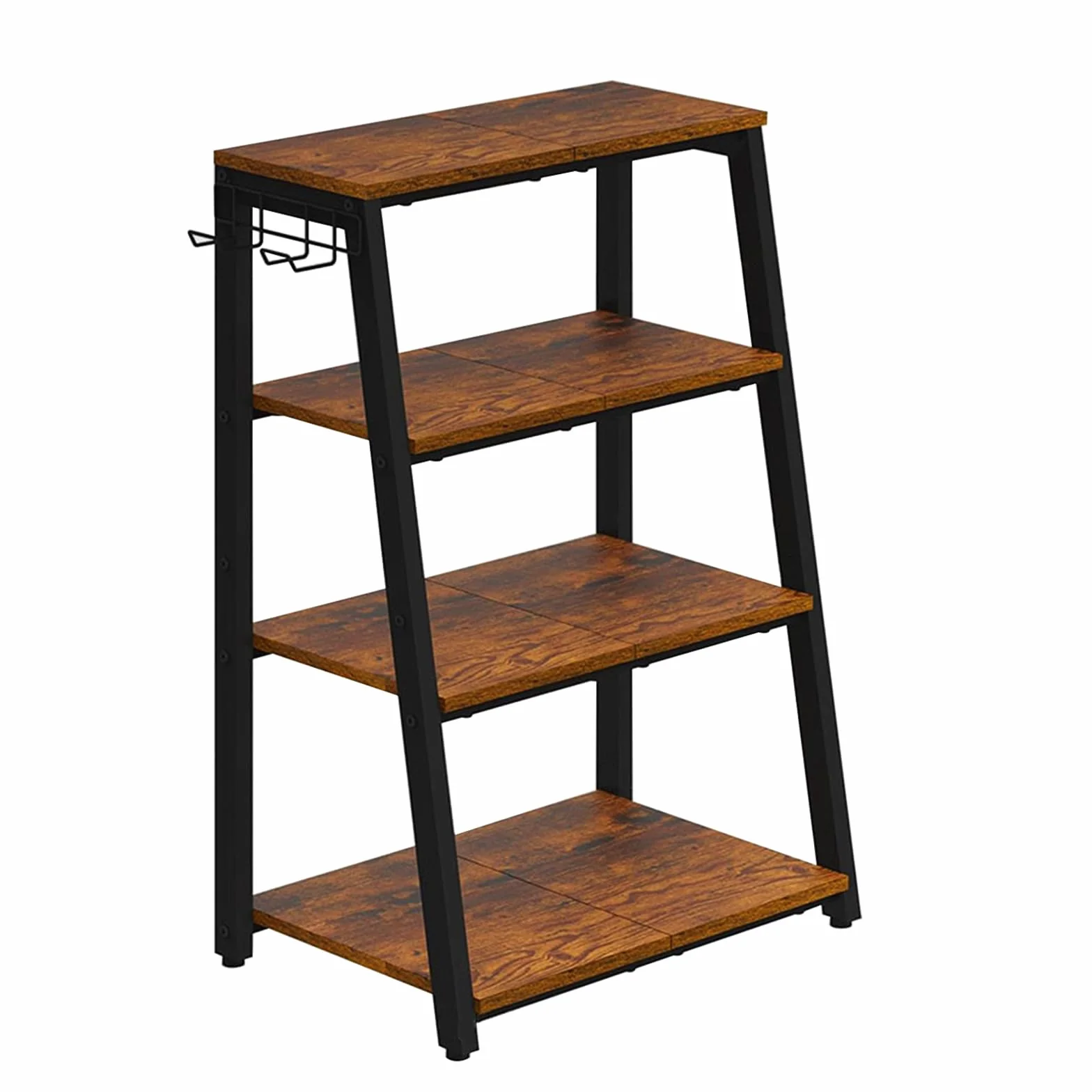 Estantería HiFi de 4 niveles de madera y acero para el hogar, con ganchos, estantería HiFi en forma de escalera con estantes para tocadiscos, equipos estéreos, equipos compactos y consolas de