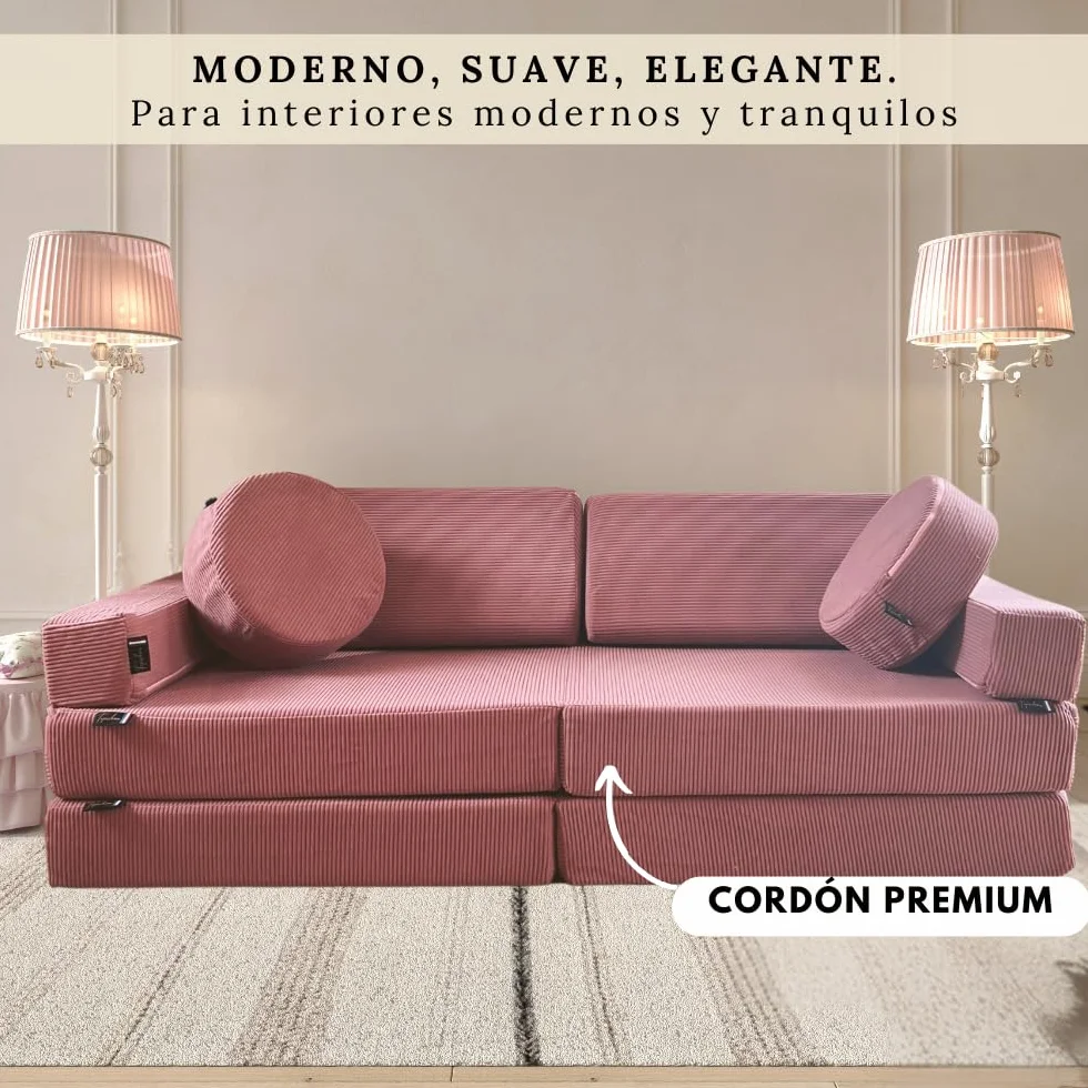 TIPICHOU Sofá Infantil Modular para niños - Sofa Cama 2 plazas Plegable Convertible – Transformable en Cama supletoria, Zona de Juego, sillón, colchón de Suelo niños (Rosa)