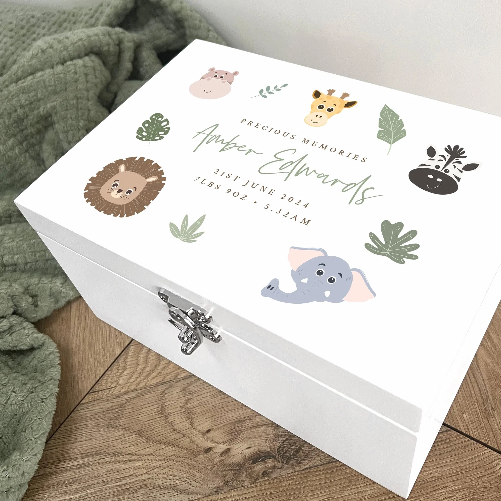 Caja de recuerdos personalizada de madera blanca con animales de la selva | Baby Shower, nuevo bebé | 27 x 19 x 14 cm