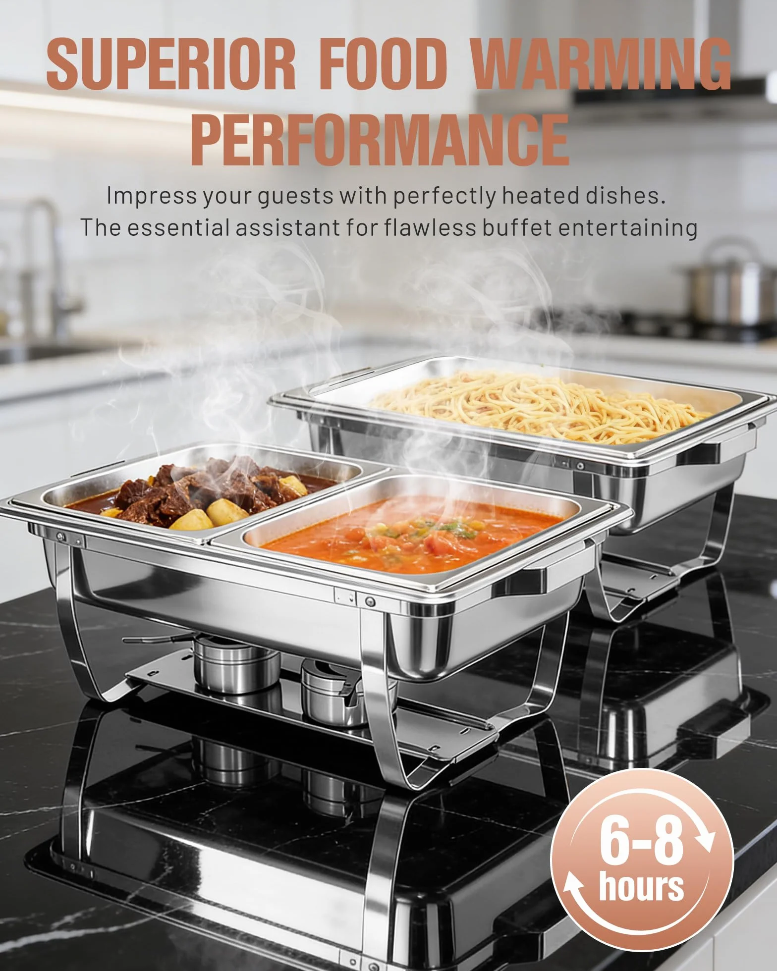 2PCS Fuentes Calientes para Buffet, 9L Bandeja para Buffet, Rectángulo con Tapa Enrollable - 2 Bandejas Grandes + 4 Pequeñas, Calientaplatos para Fiestas, Cumpleaños, Navidad, Eventos de Iglesia