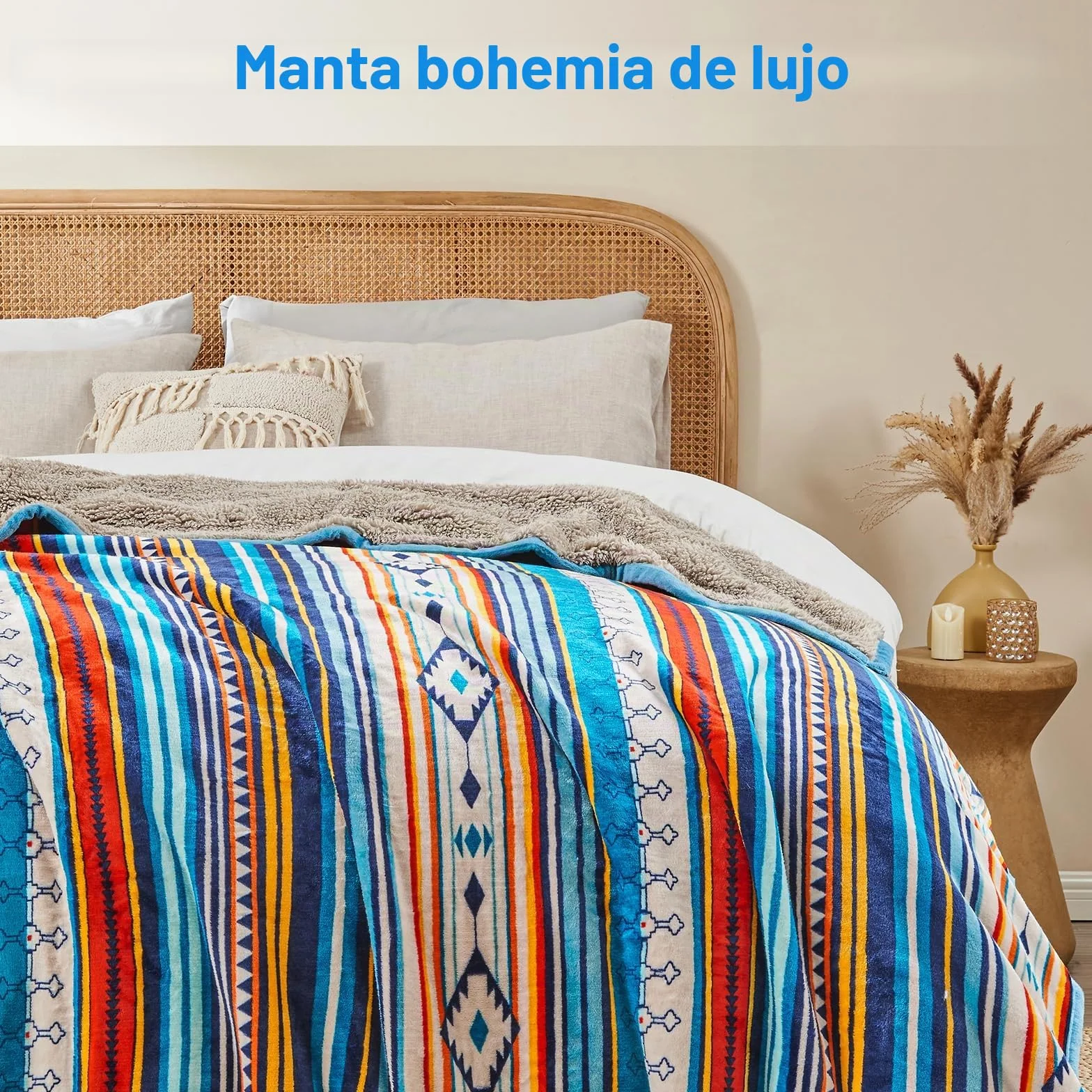 Qucover Manta de Matrimonio de Forro Polar Multicolor Estilo Boho, Cálida Manta de Sherpa, Mantas de Cama 150 Cara de Franela y Sherpa, Mantas para Sofá, Manta Polar 220x240 cm