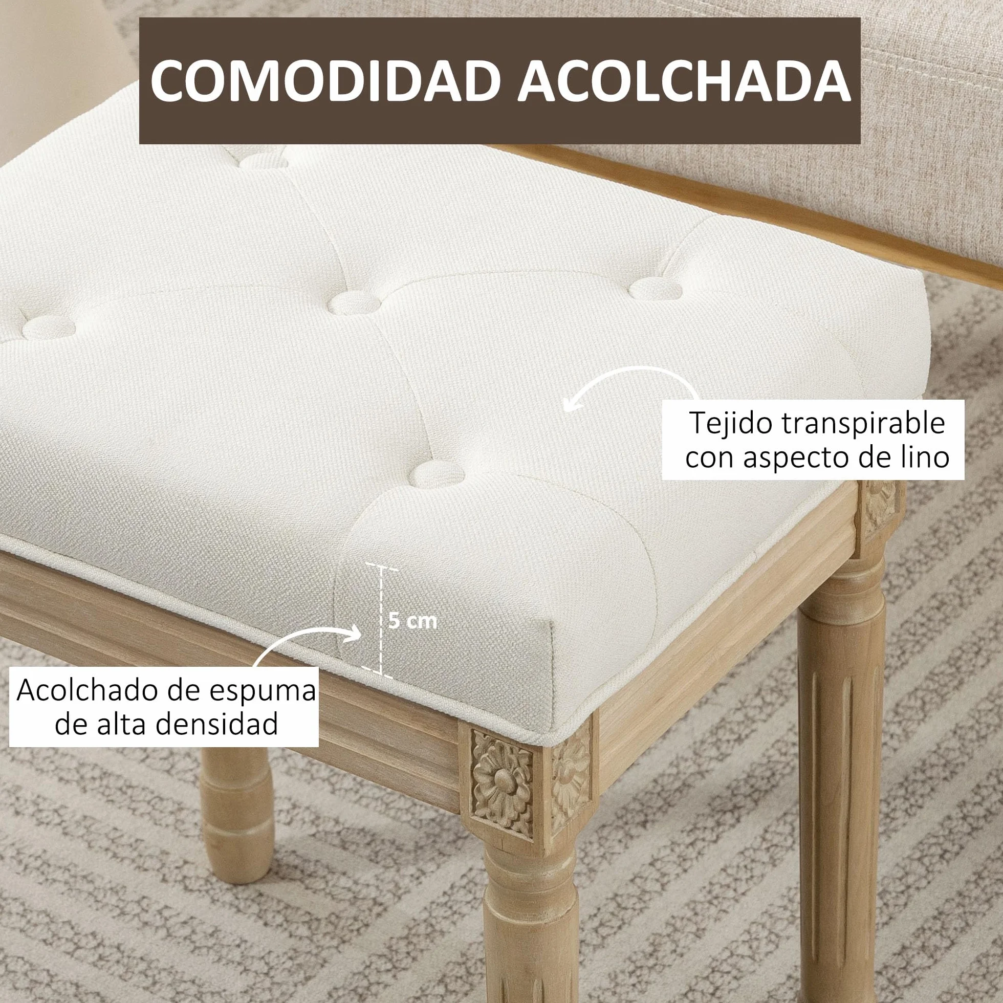 HOMCOM Reposapiés Salón Rústico Tapizado para Dormitorio Sofá Beige | Taburete Bajo, Lino Sintético, Patas Talladas de Madera, Otomana