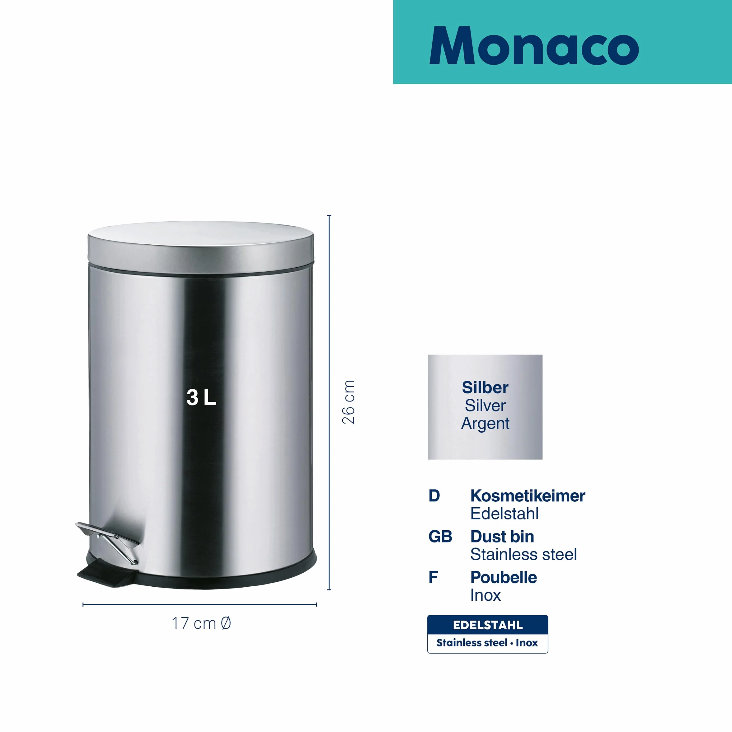 MONACO kela Cubo de basura acero inoxidable 3L mate con pedal