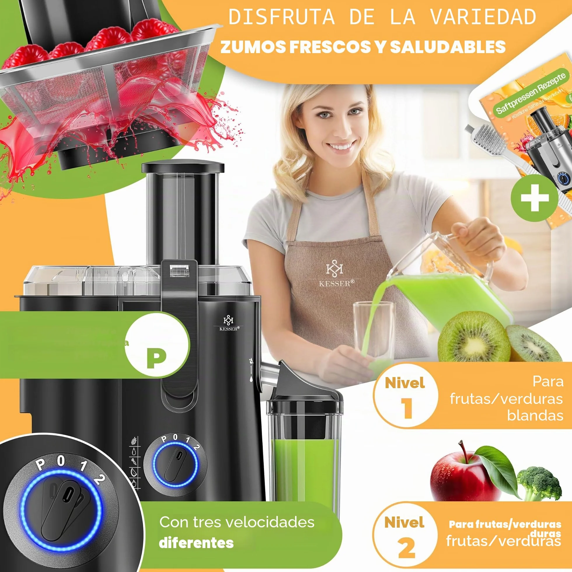 KESSER Exprimidor acero inoxidable 1100W, abertura 85 mm, 3 velocidades, Negro