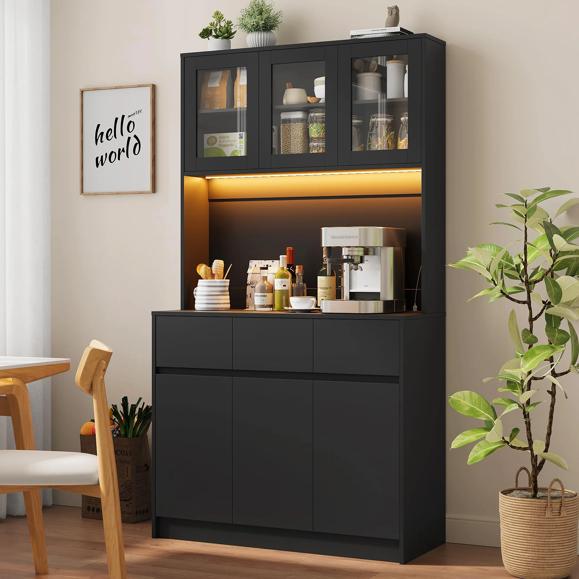 Alacena de Cocina, Armario Despensa Cocina con regleta y Tira de Luces LED, Aparador Comedor con Estantes Regulables (Negro)