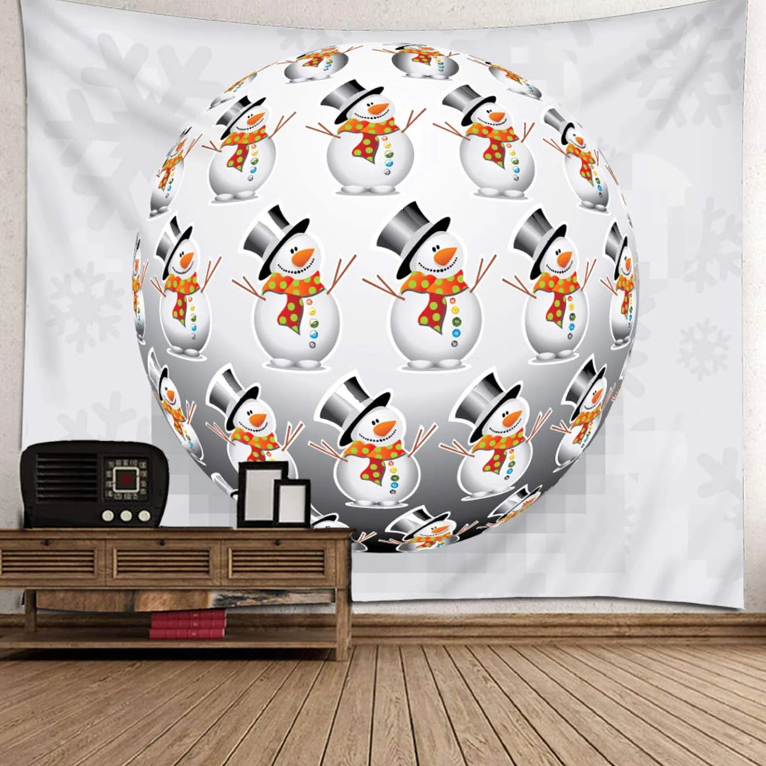 Tapiz Tela 3D, Decoracion Navidad Muñeco de Nieve Bola Redonda y Copo de Nieve Gris Poliéster Tapiz Pared Decoration 260X240cm