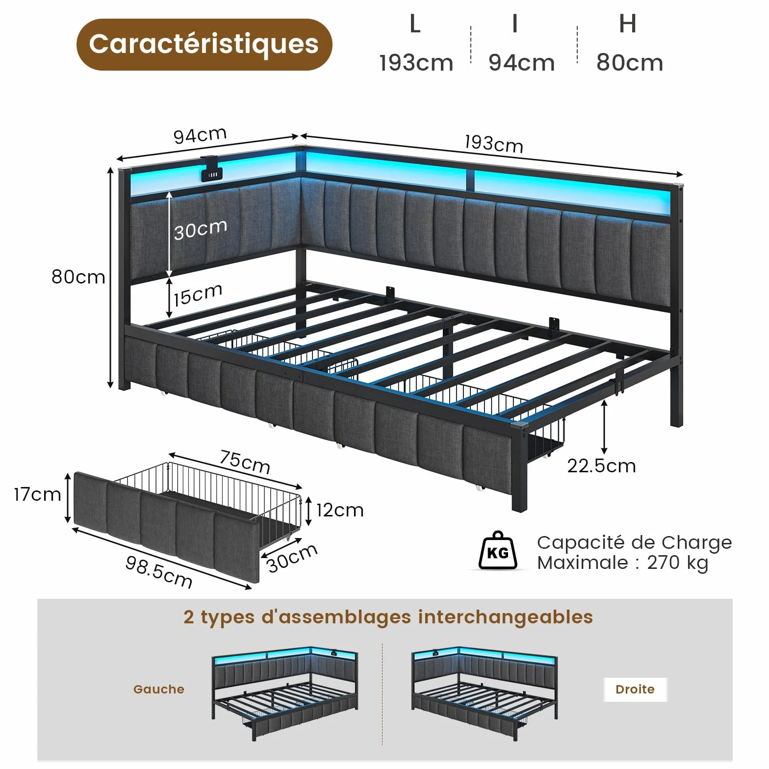 DICTAC Sofá Cama de 90 x 190 con iluminación LED y Toma USB, Estructura de Cama de 90x190 con somier de láminas de Metal, Cama banqueta con Cama Nido y cajones de Almacenamiento para niños, Gris