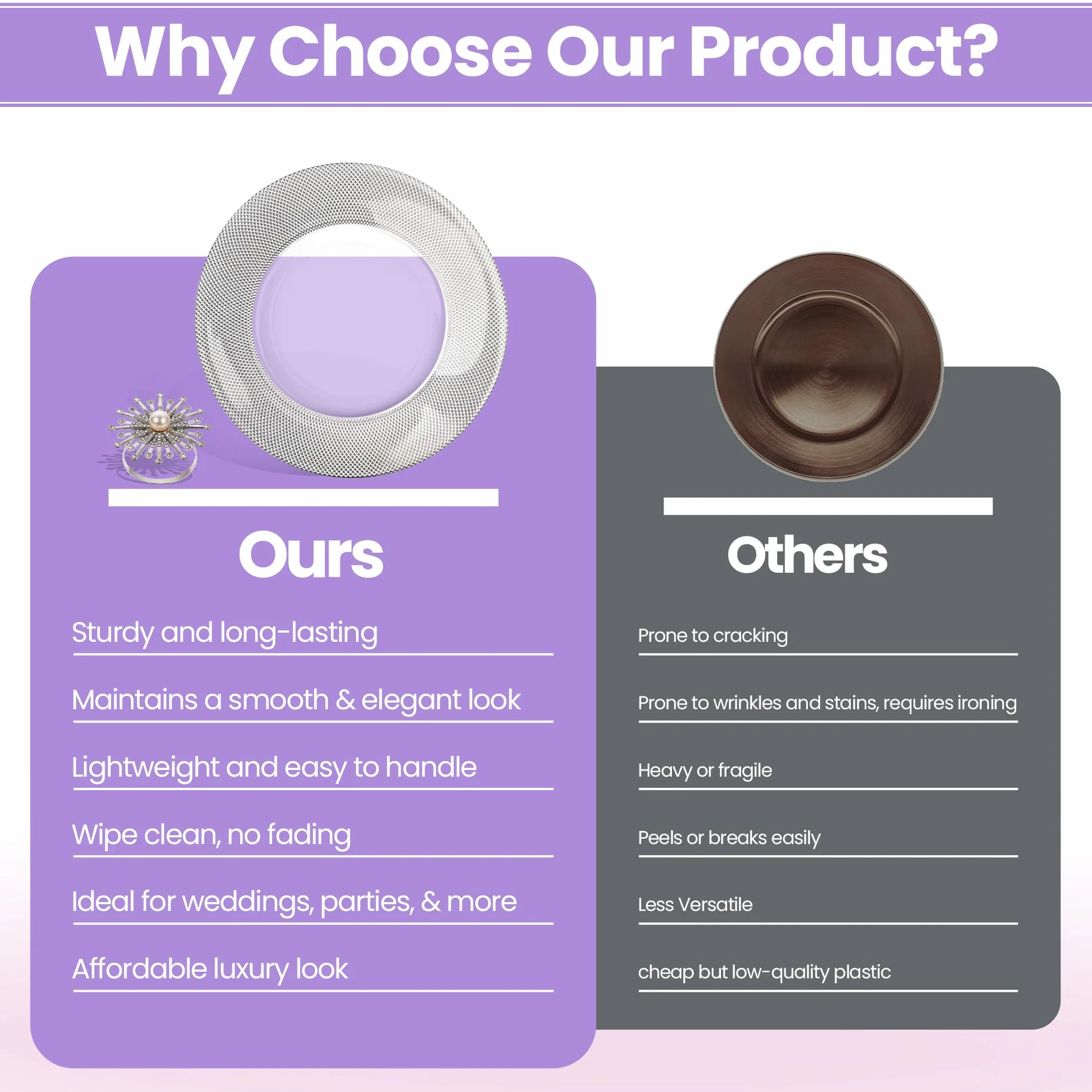 Elegante juego de 12 platos de carga plateados con diseño a cuadros con servilleteros de perlas, cargadores de platos de cristal de 33 cm para bodas, fiestas y eventos especiales, decoración de mesa