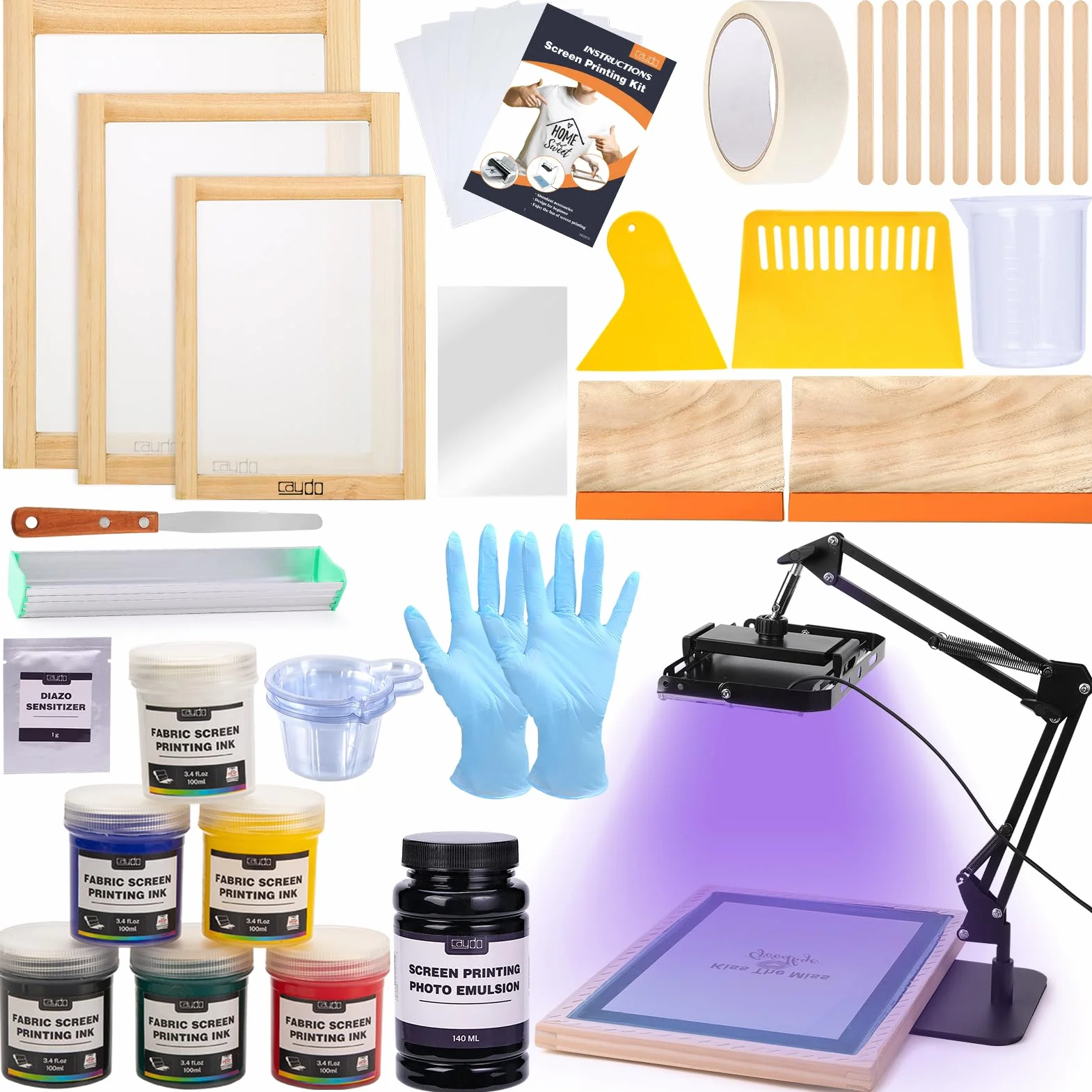 Caydo Kit de serigrafía de 54 piezas Inculde de 50 W LED de exposición UV, 6 tintas de impresión de pantalla a color, emulsión fotográfica de impresión de pantalla, revestimiento de cuchara de