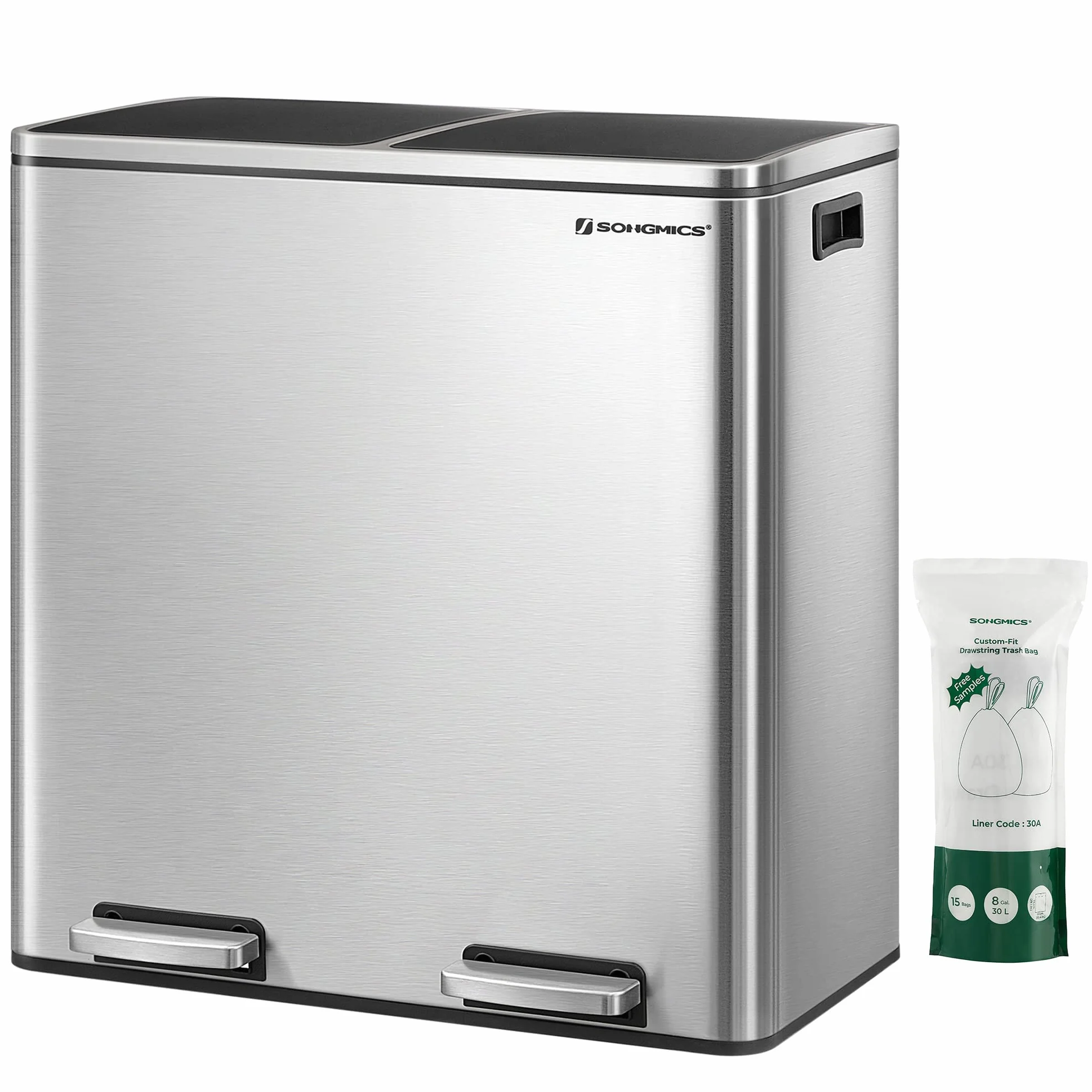 SONGMICS Cubo de Basura, 2 x 30 L, 2 Cubos, Reciclaje, Pedal de Metal, 15 Bolsas de Basura, Cubos Interiores de Plástico y Asas, Tapa con Bisagras, Cierre Suave, Hermético, Plata y Negro LTB60NL