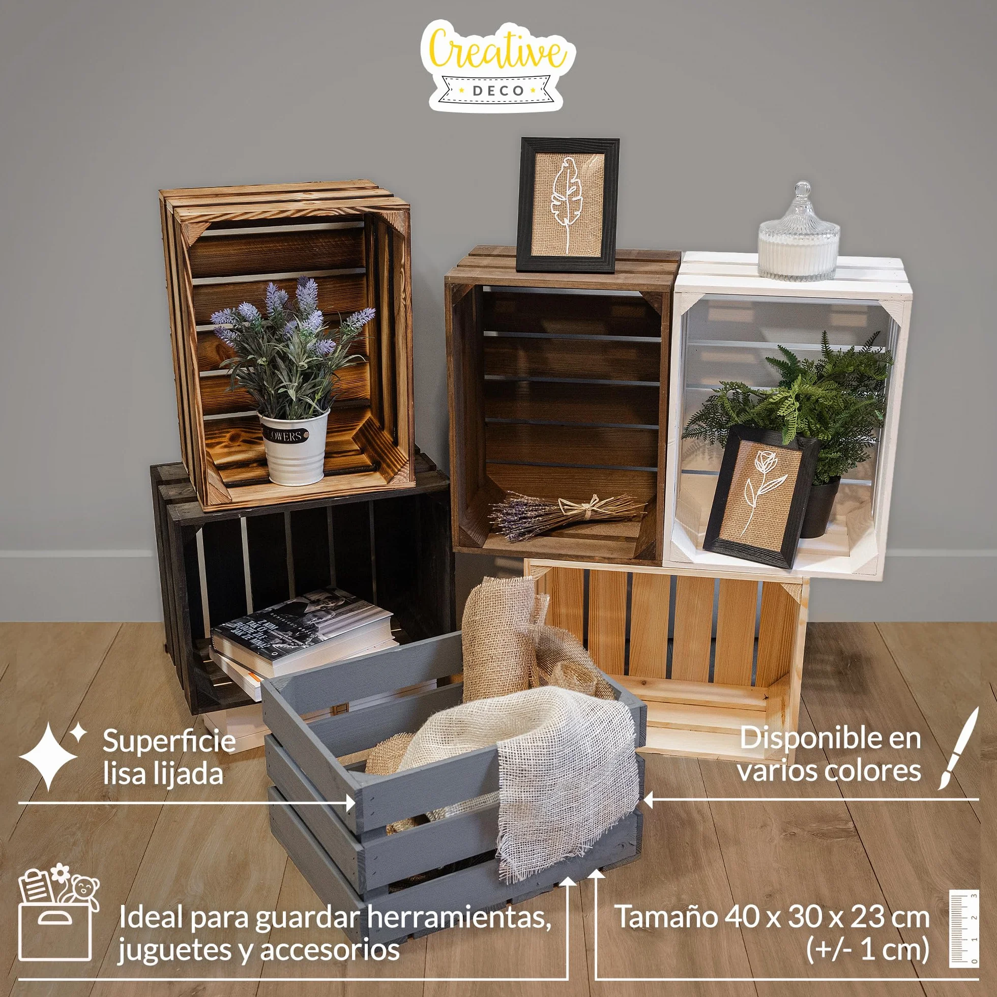 Creative DECO 3 x Cajas de Madera Natural Decorativa | 40 x 30 x 23 cm | Cesta de Madera Ideal para Almacenaje Regalo Fruta Decoración Bricolaje Manualidades | Documentos Juguetes Herramientas